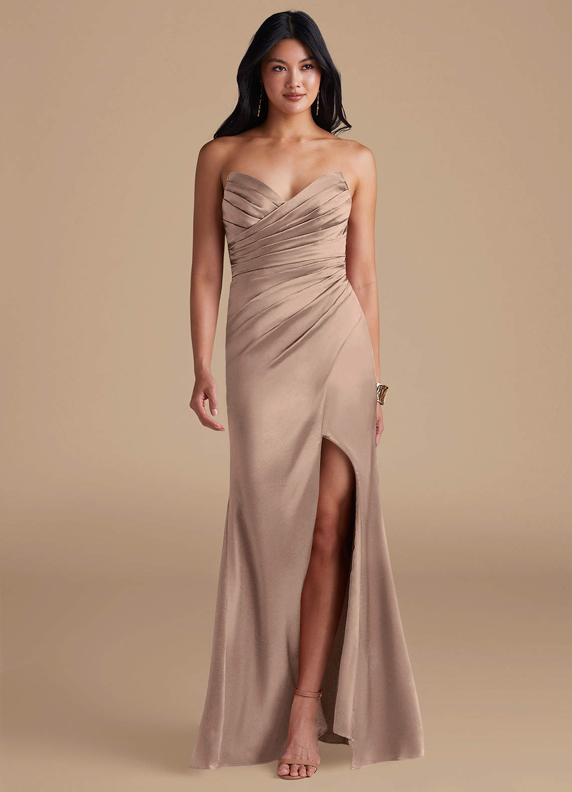 Azazie Yola Bridesmaid Dresses Taupe Sheath Pleated Metallic Satin Dress image1
