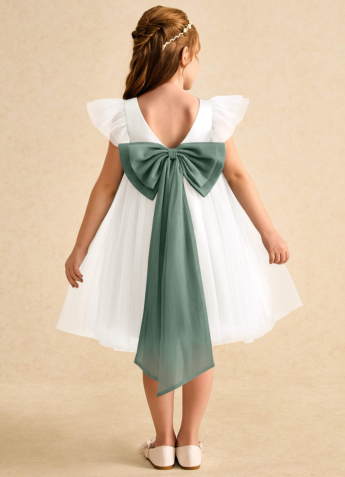 Azazie Munchkin Robe Demoiselle D'honneur Fillette Robe Trapèze en Tulle Arc Ivoire Eucalyptus image1