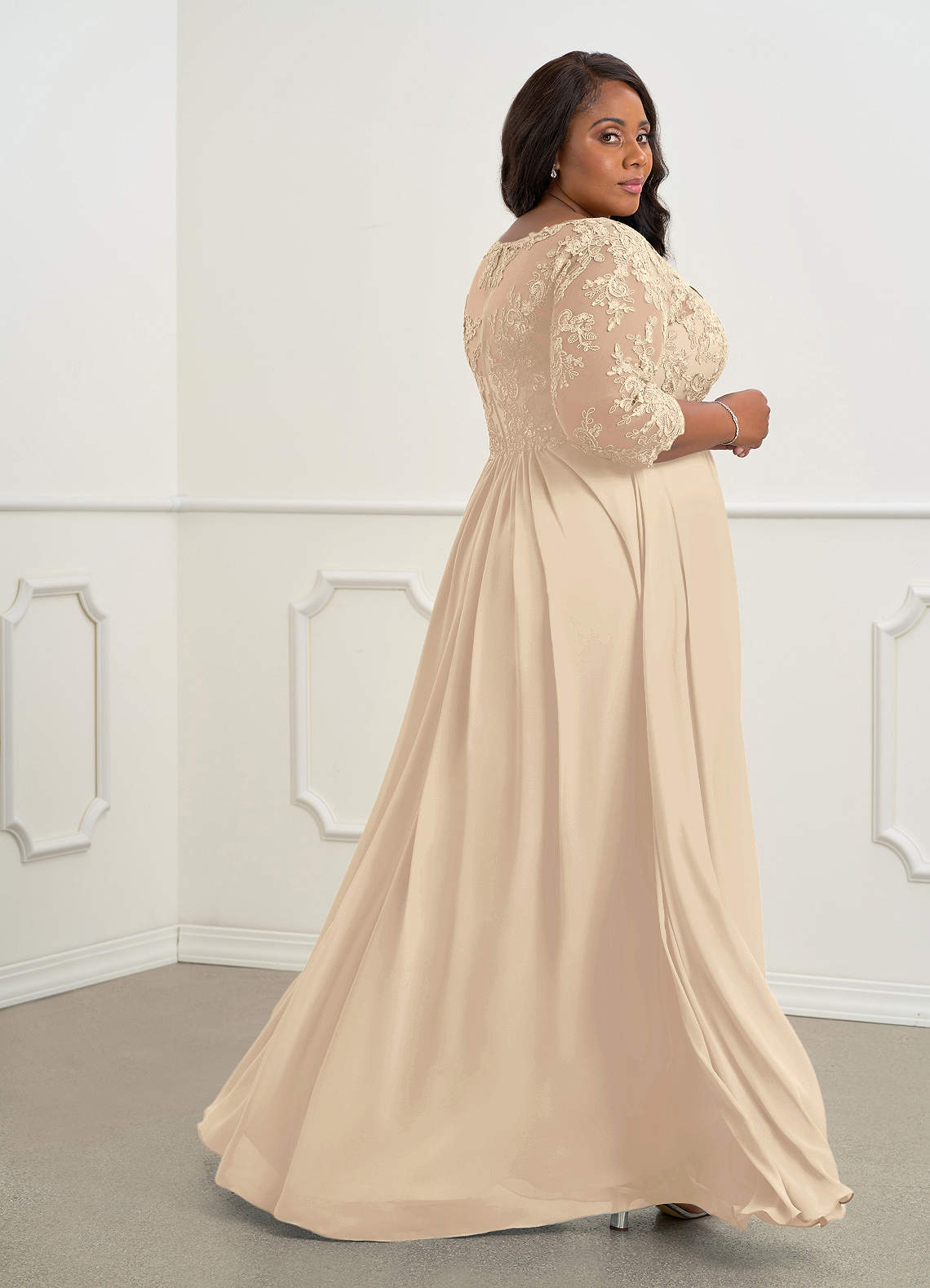 Azazie Hayek Mother of the Bride Dresses Champagne A-Line V-Neck Lace Chiffon Dress image9