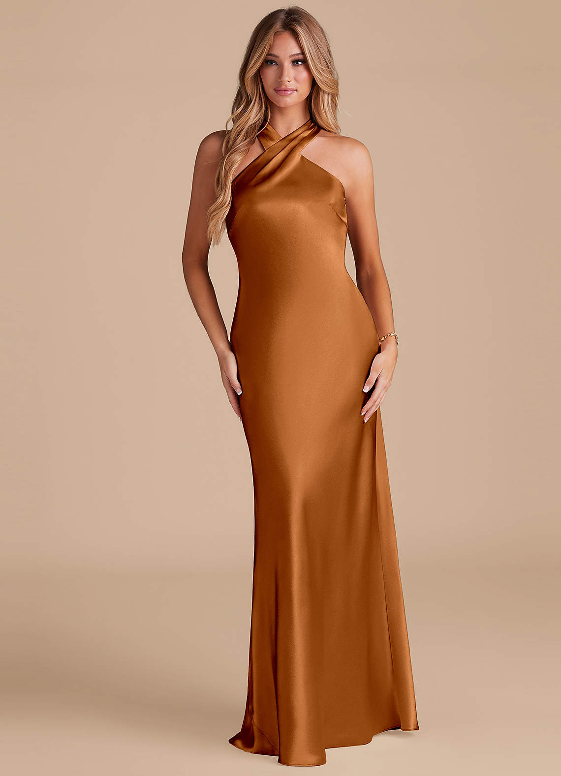 Azazie Doretta Bridesmaid Dresses Copper Mermaid Bow Metallic Satin Dress image1