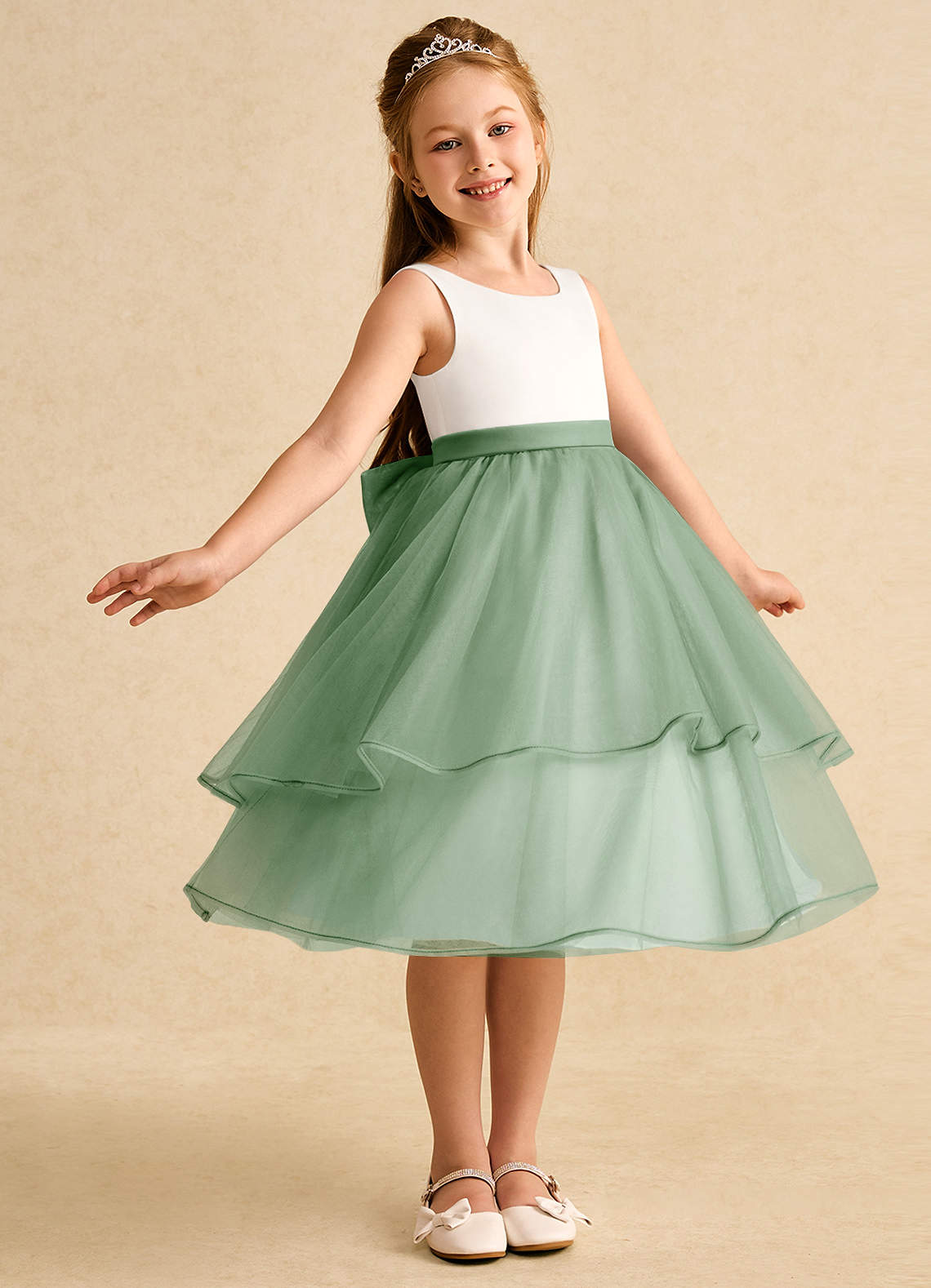 Azazie Rene vestidos de niña de las flores Vestido de Marfil Matcha de Tul de Corte En A con Lazo image1