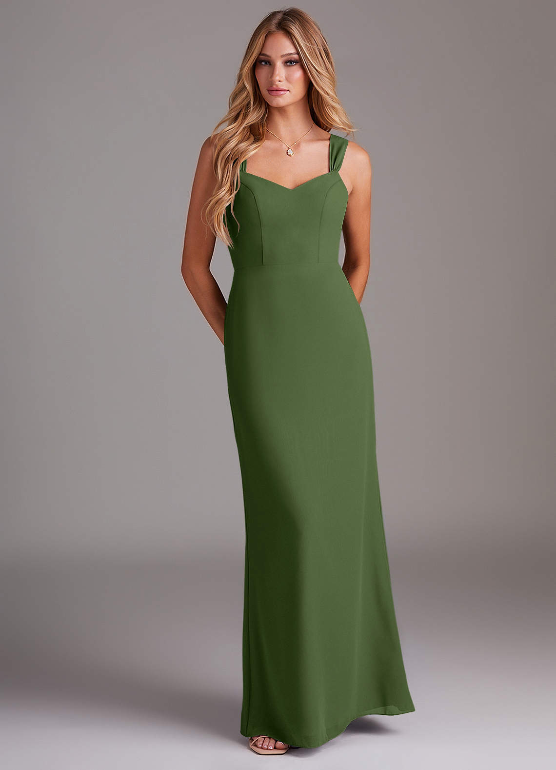 Azazie Denice Bridesmaid Dresses Olive Sheath Pleated Chiffon Dress image1