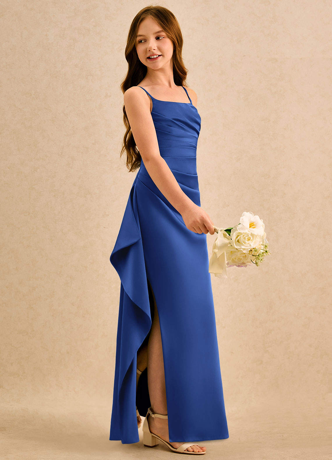 blue formal dresses australia Azazie Cannoli Girls Royal A-Line Pleated Stretch Satin Dress combining the effortless touch