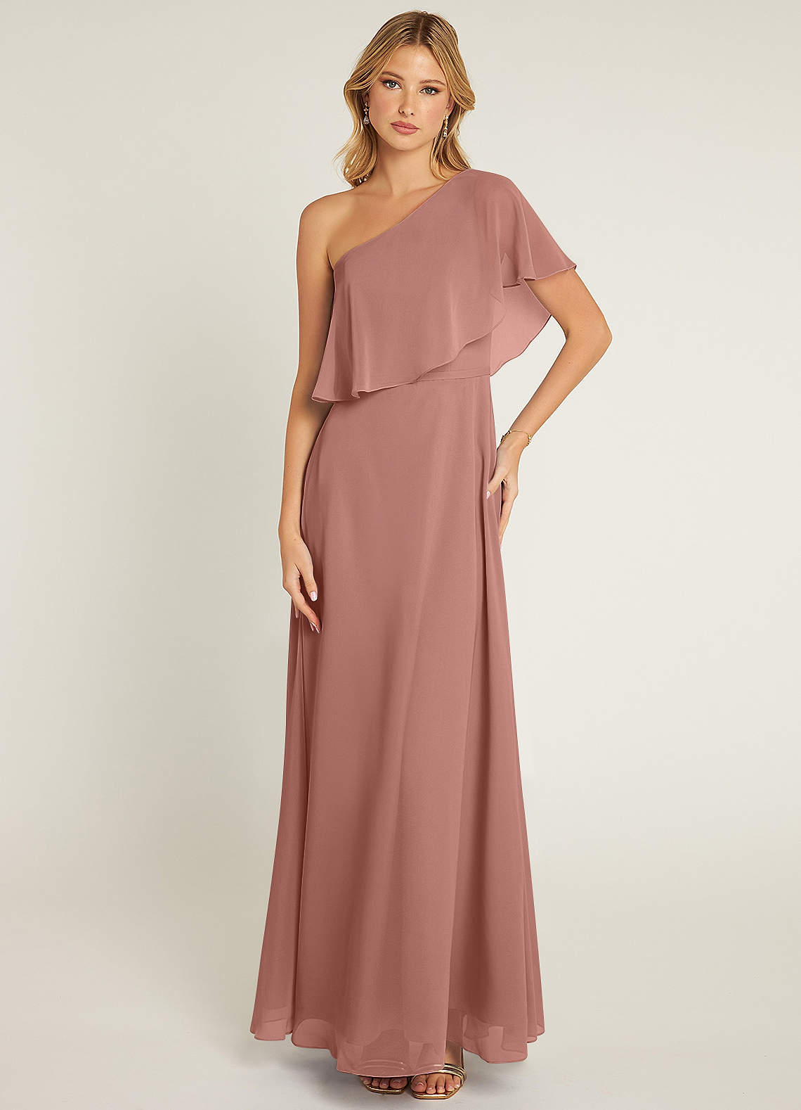 Azazie Lizzy Bridesmaid Dresses Cedar Rose A-Line One Shoulder Chiffon Dress image1