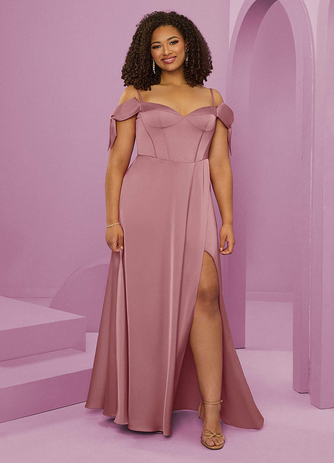 Barbie ♥ Azazie Bridesmaid Dresses Dusty Rose A-Line Off the Shoulder Stretch Satin Dress image1