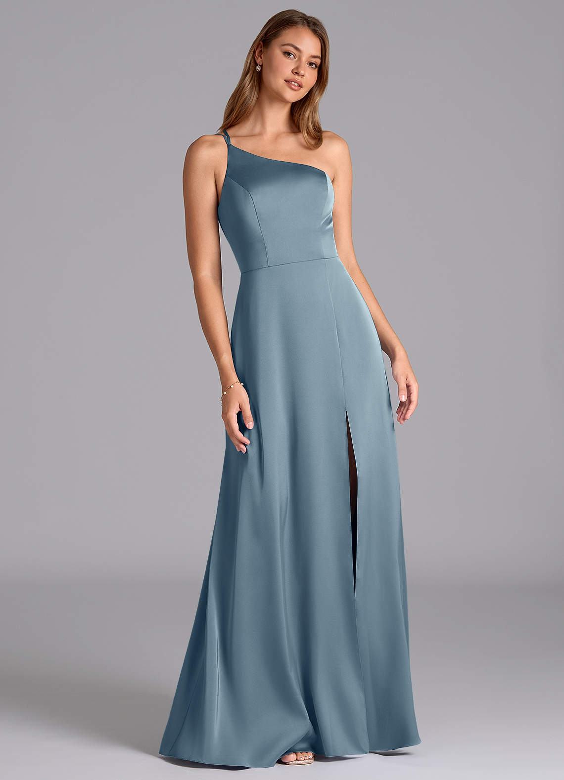 Azazie Trina Kleider zum Anprobieren zu Hause A-Linie One-Shoulder Stretch-Satin Kleid Staubblau image1