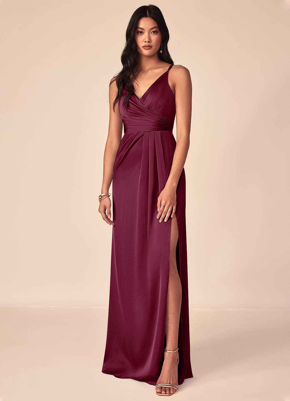 Azazie Aqua Bridesmaid Dresses Mulberry A-Line V-Neck Pleated Stretch Satin Dress image1