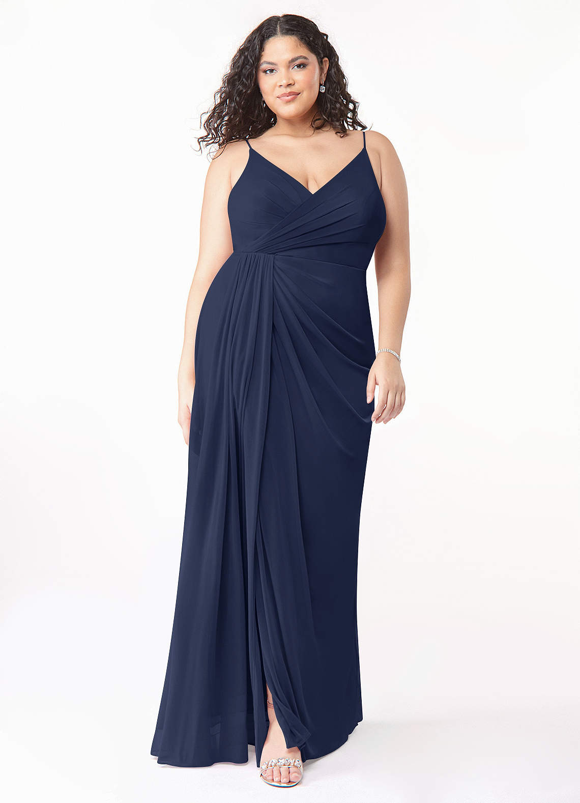 Azazie Evalin Brautjungfernkleider A-Linie V-Hals Gefaltet Gittergewebe Kleid Dunkelmarine image1