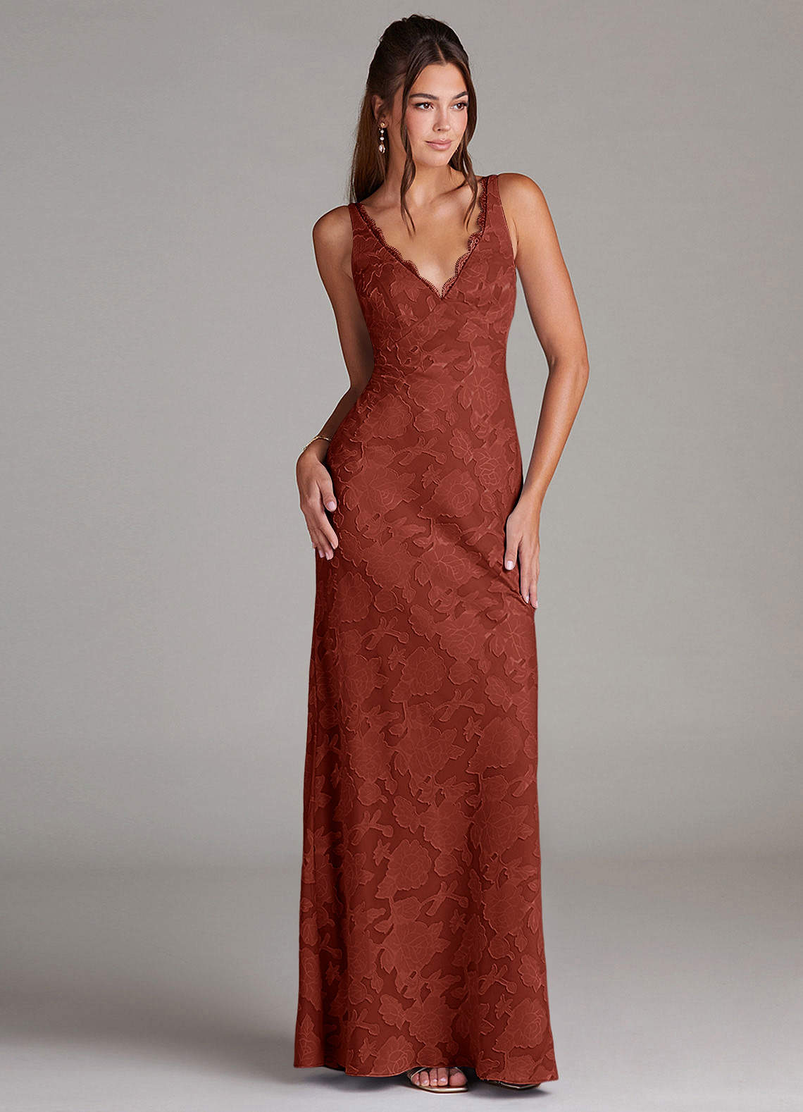 Azazie Tianna Bridesmaid Dresses Terracotta Sheath Lace Floral Burnout Dress image2