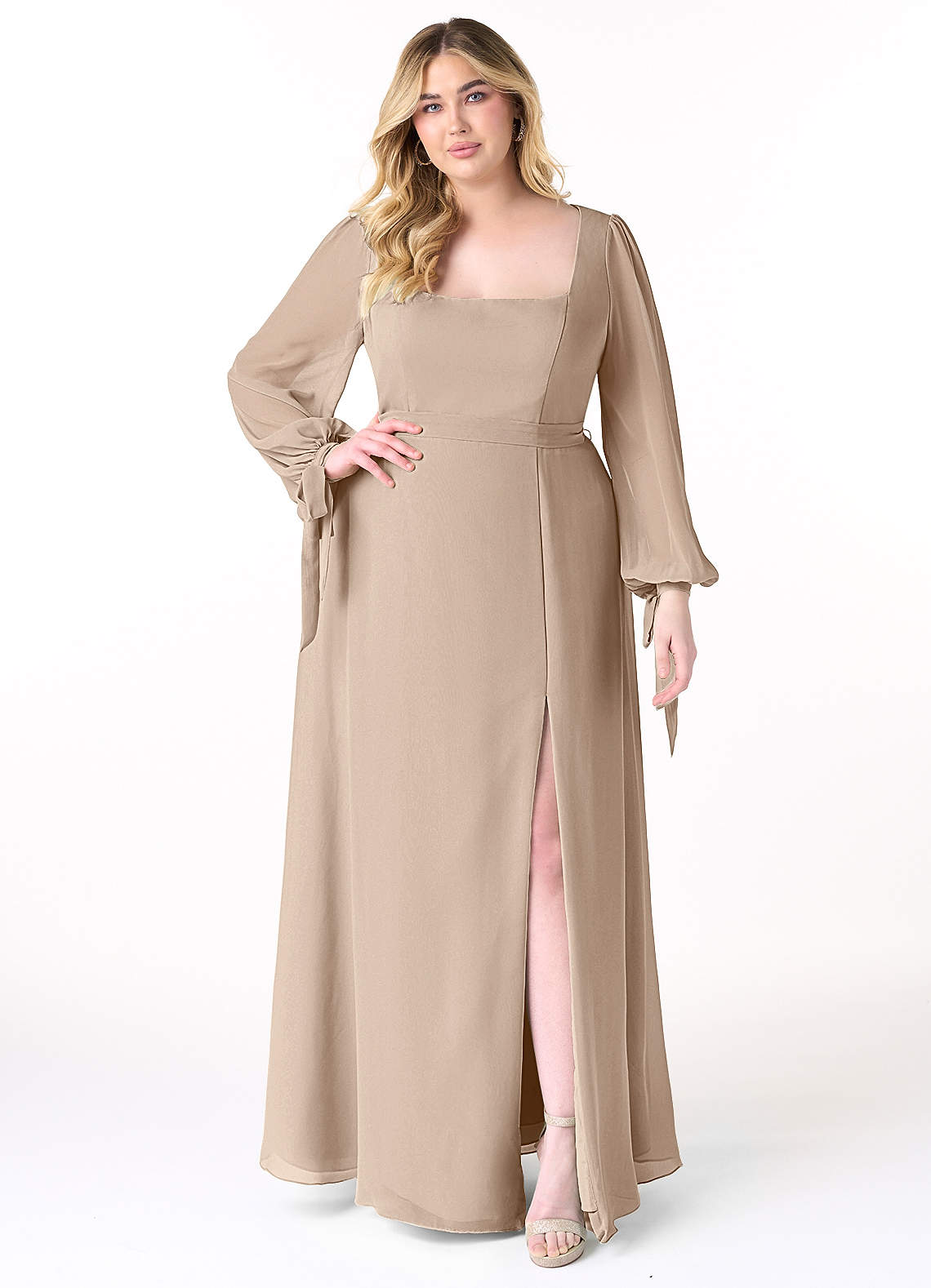 Azazie Leonia Bridesmaid Dresses Taupe A-Line Long Sleeve Chiffon Dress image1