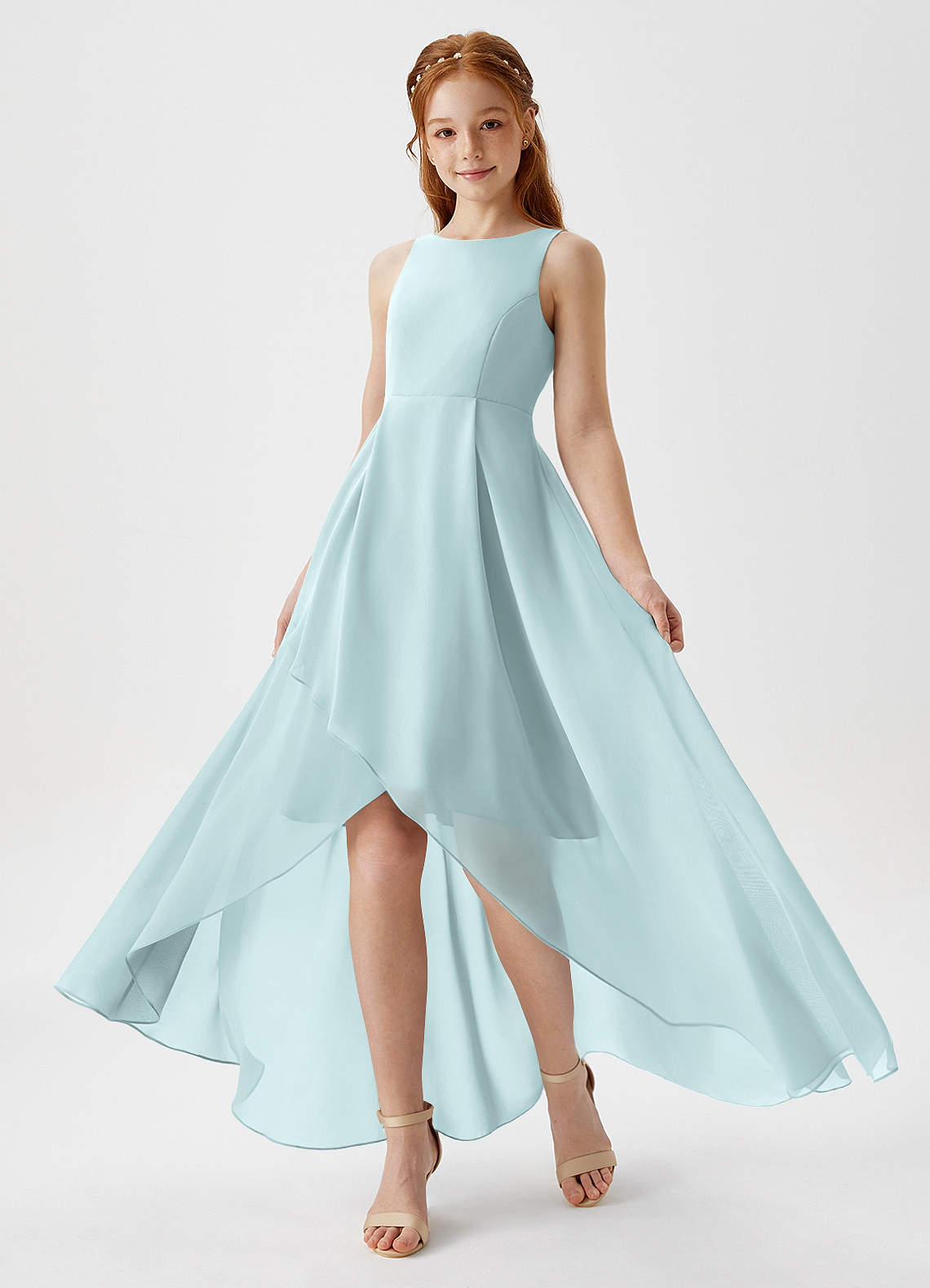 Azazie Lizette Junior Abito A-Line in Chiffon Plissettato Nebbia image1