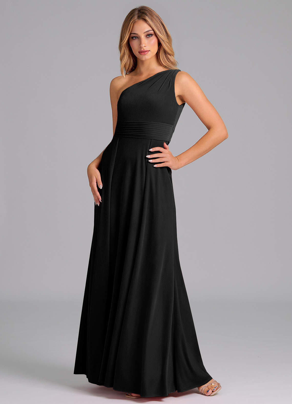 Azazie Dallas Jurken voor bruidsmeisjes Jurk van flueel met A-Lijn One-Shoulder Zwart image1