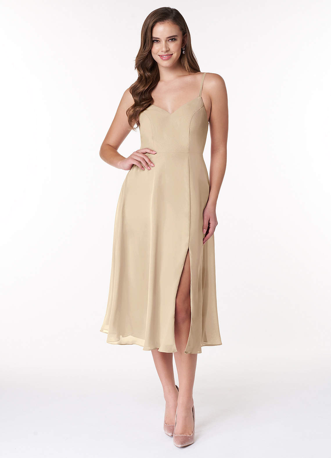 Azazie Clarissa Brautjungfernkleider A-Linie V-Hals Chiffon Kleid Champagner image1