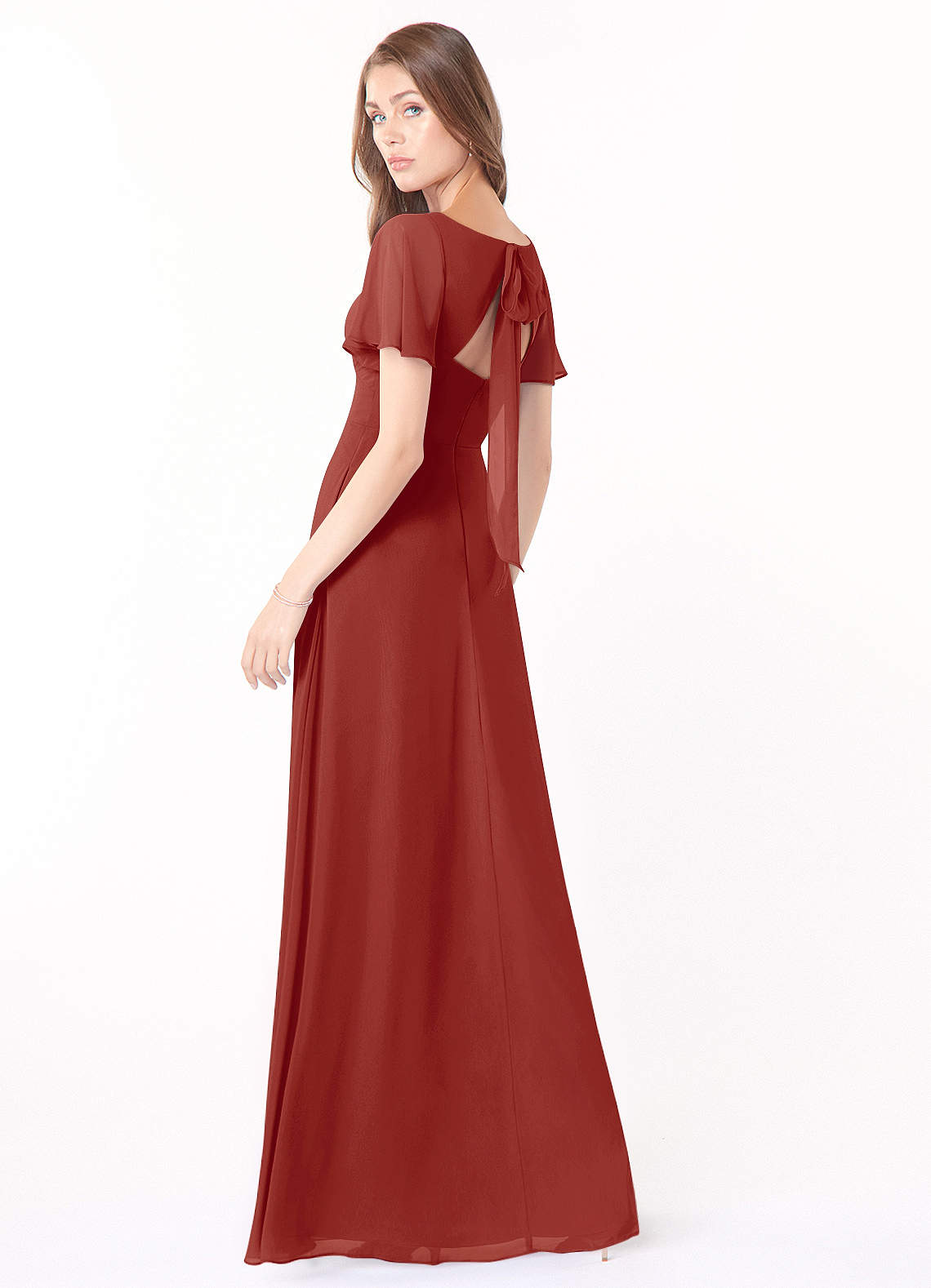 Azazie Kimber Robes de demoiselle d'honneur Robe Trapèze en Mousseline de soie Manches à volants Terracotta image5