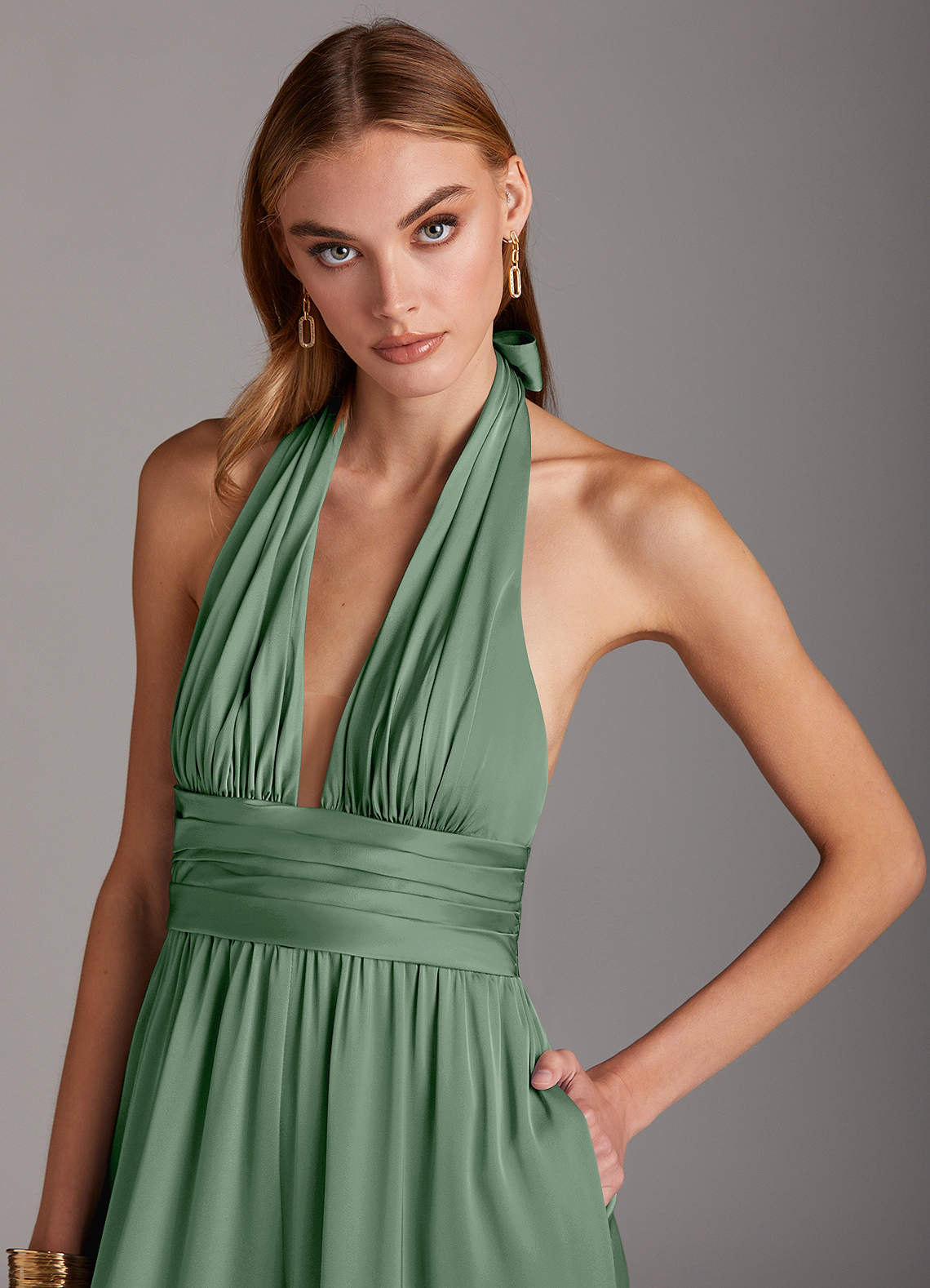 Azazie Oli Stretch Satin Jumpsuit Ready to Ship Matcha Stretch