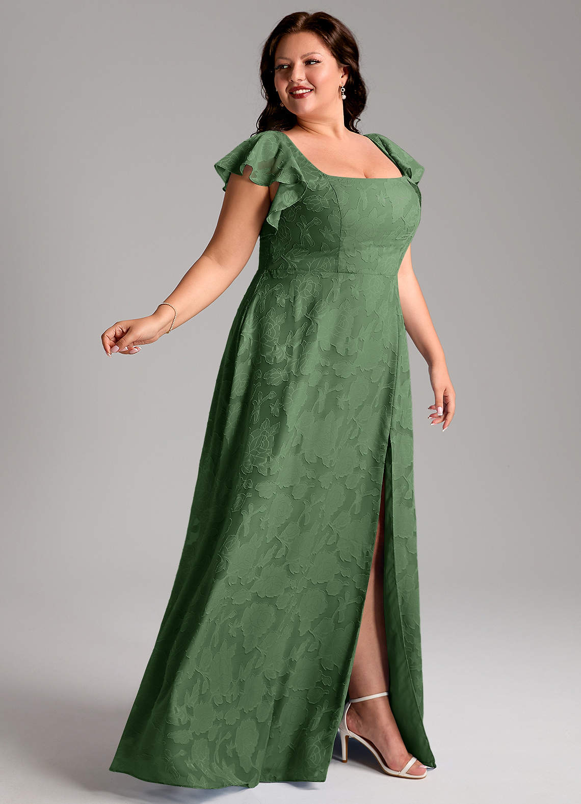 Azazie Bondi 신부 들러리 드레스 A라인 사이드 슬릿 플로럴 번아웃 바닥 길이 드레스 image8