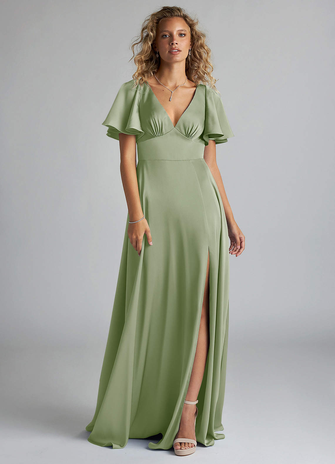 Azazie Kimber Bridesmaid Dresses Dusty Sage A-Line Ruched Stretch Satin Dress image2
