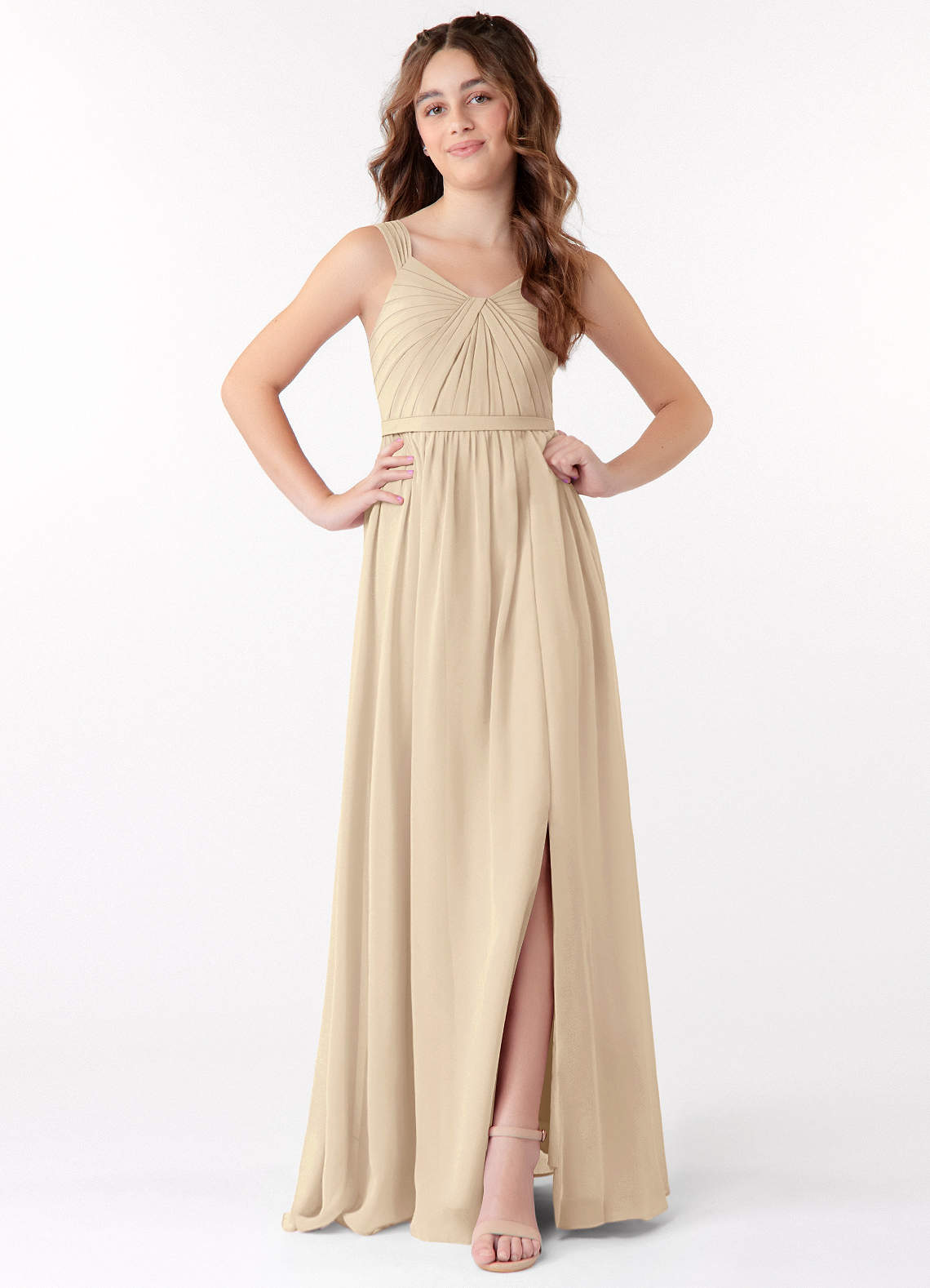 Azazie Evie Junior Champagne A-Line Pleated Chiffon Dress image1