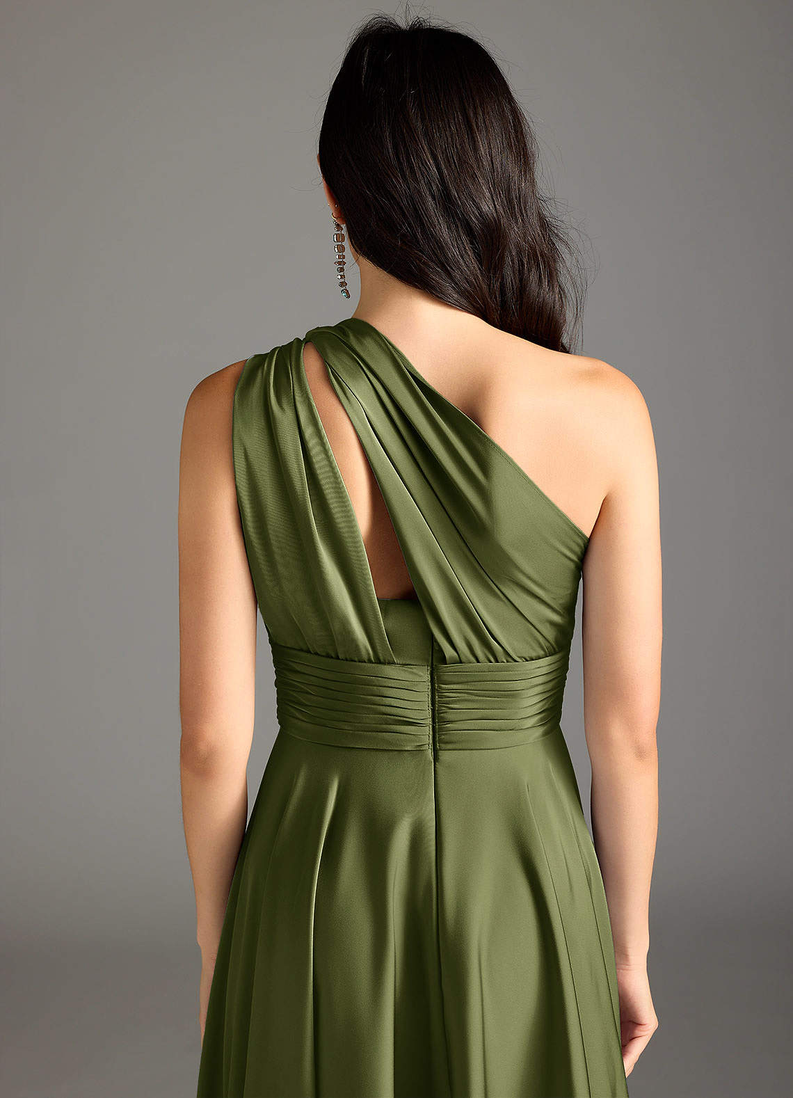 Azazie Charlize Bridesmaid Dresses Olive A-Line One Shoulder Stretch Satin Dress image7