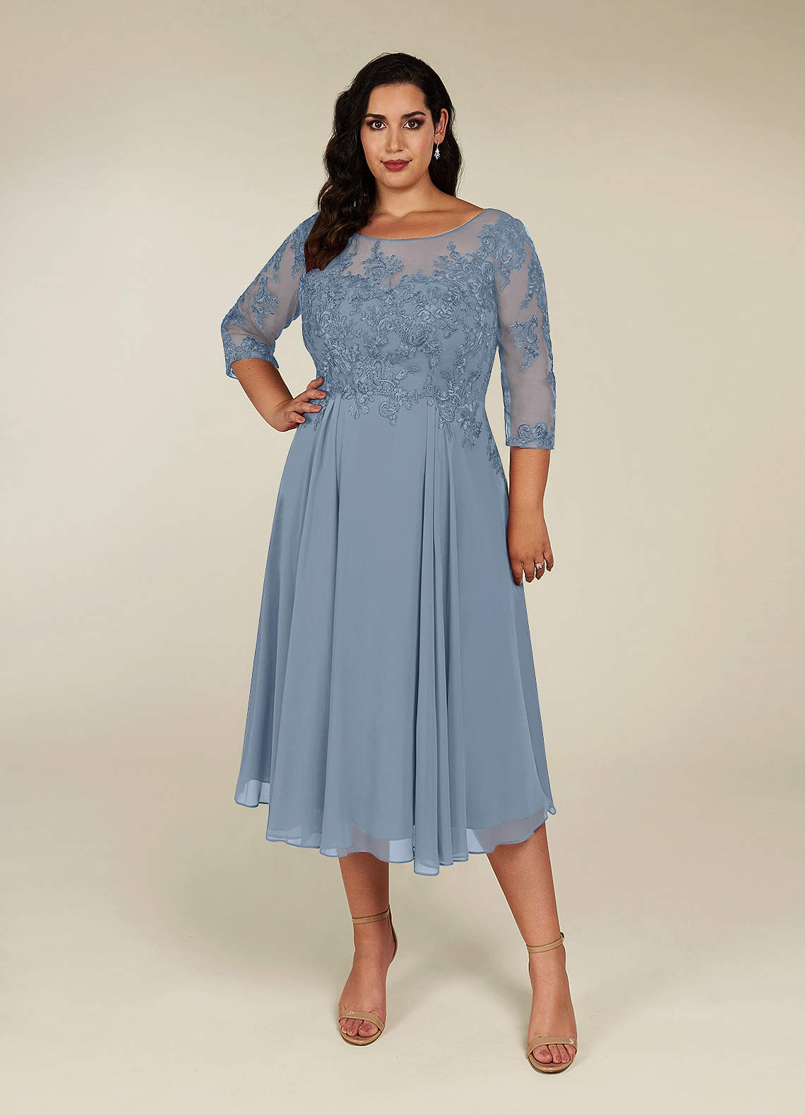 Azazie Marge Mother of the Bride Dresses Dusty Blue A-Line Scoop Lace Chiffon Dress image5