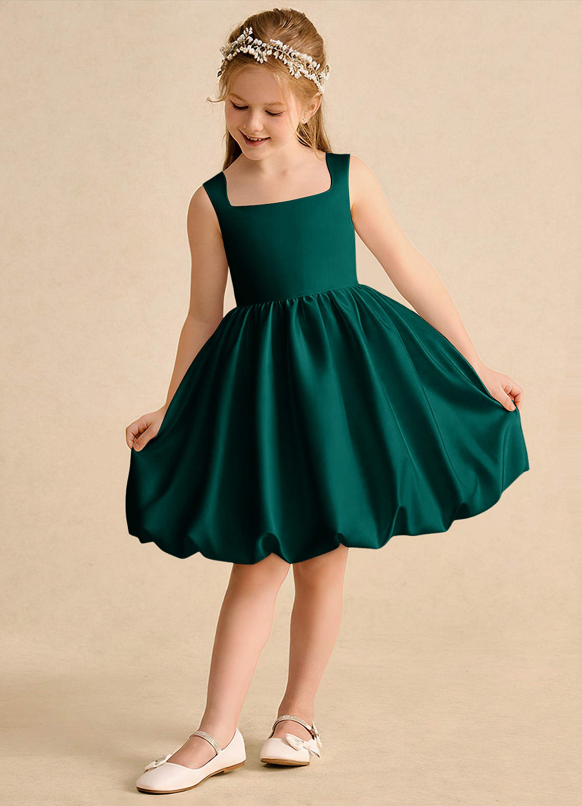 Azazie Nirvana Robe Demoiselle D'honneur Fillette Robe Princesse en Mat Satiné Rayé Vert Pin image2