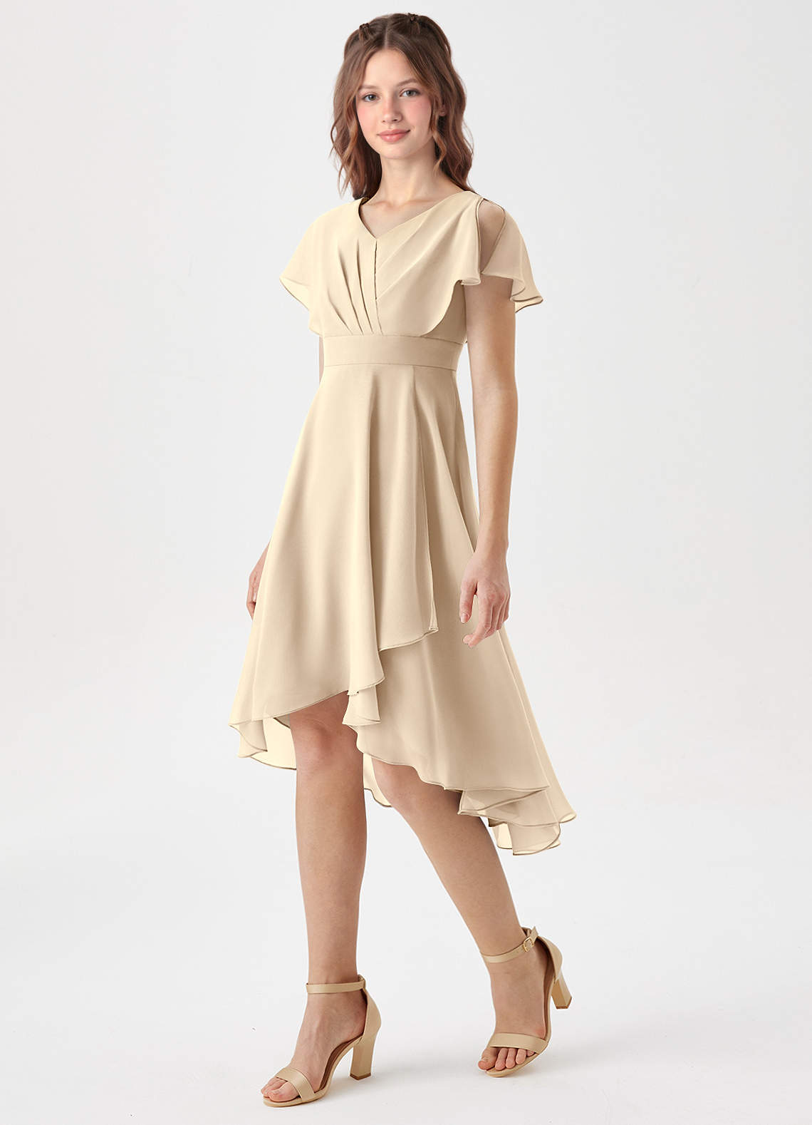 Azazie Graciela Junior Robe Trapèze en Mousseline de soie Plissée Champagne image1