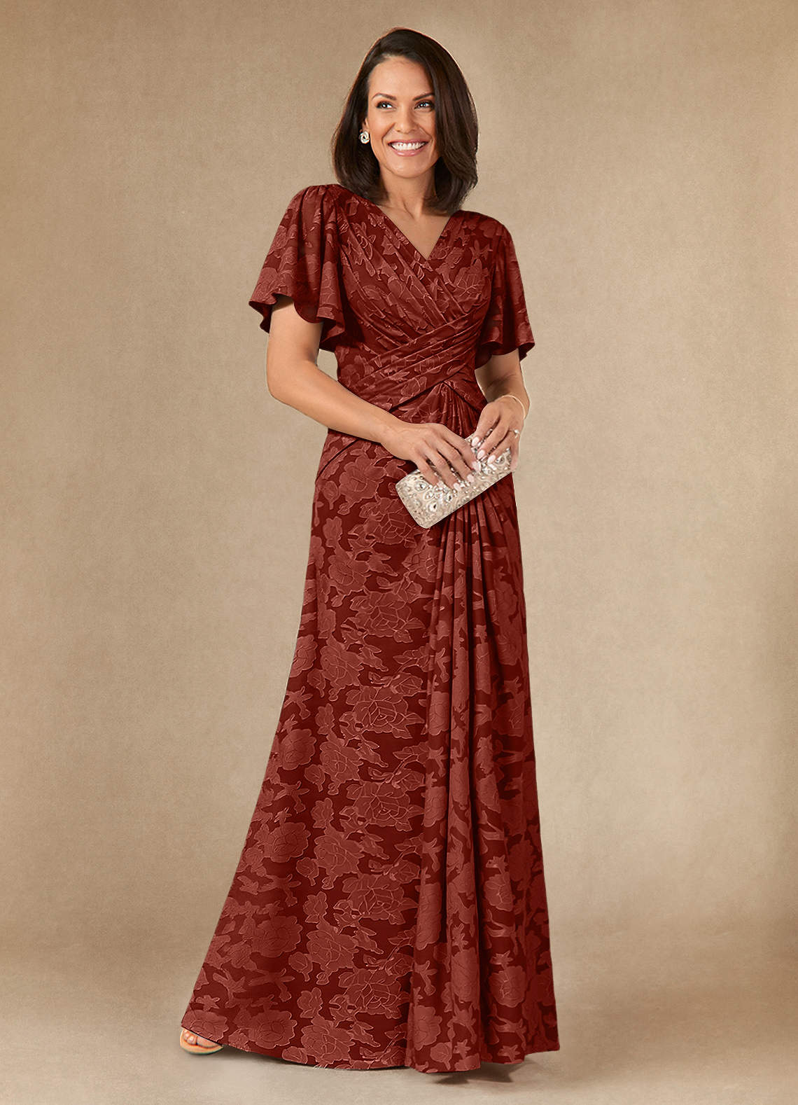 Azazie Emmeline Mother of the Bride Dresses Terracotta A-Line Pleated Floral Burnout Dress image1