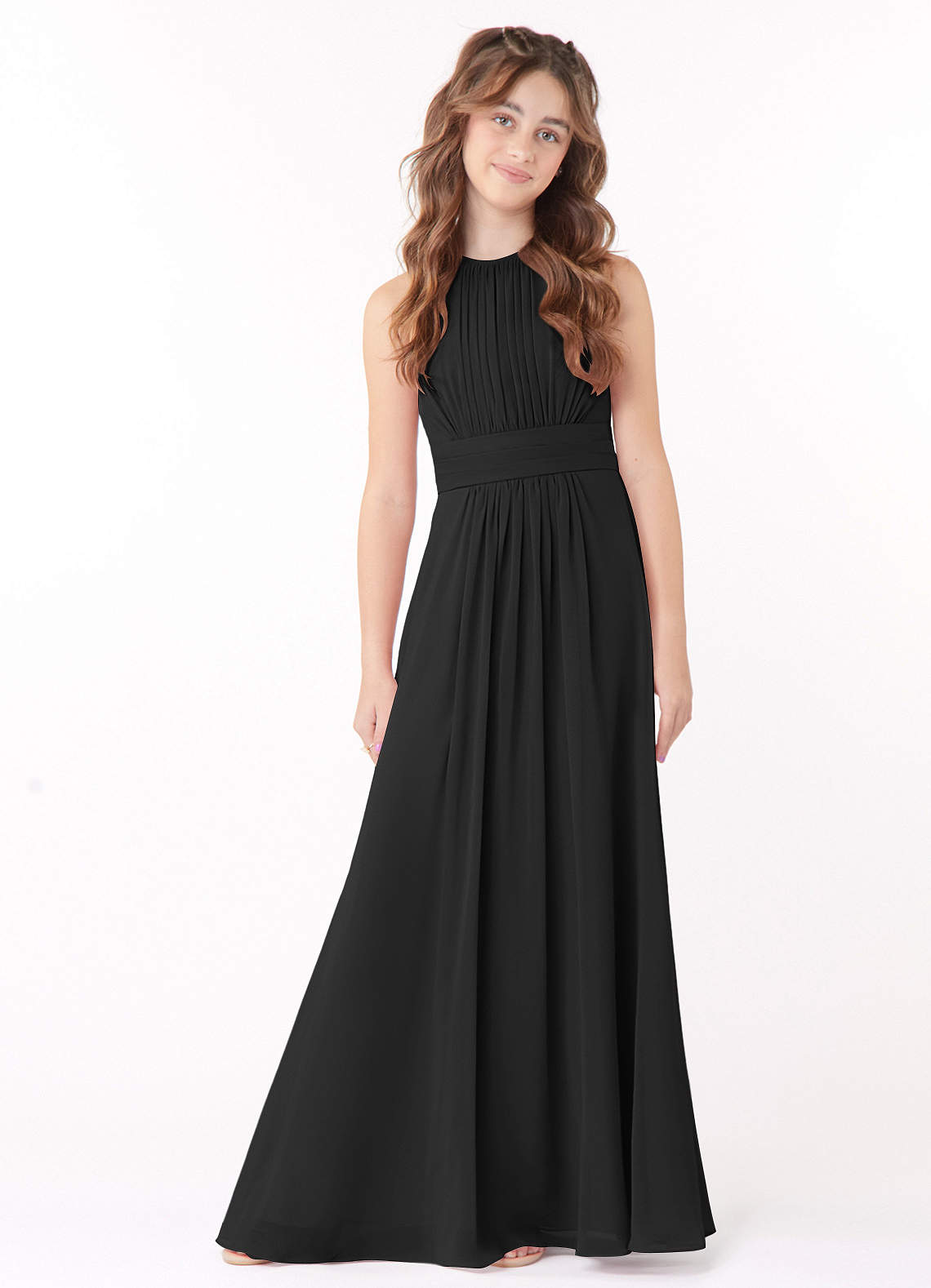 Azazie Bonnie Junior Black A-Line Pleated Chiffon Dress image1