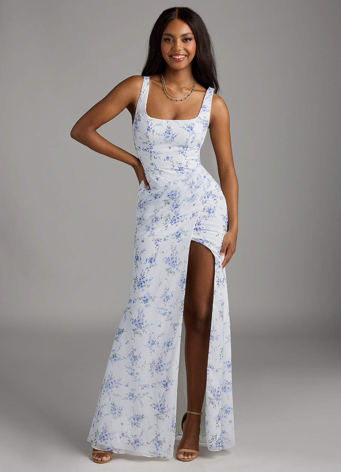 Azazie Mero Bridesmaid Dresses Blue Cottage Floral Sheath Pleated Chiffon Dress image1