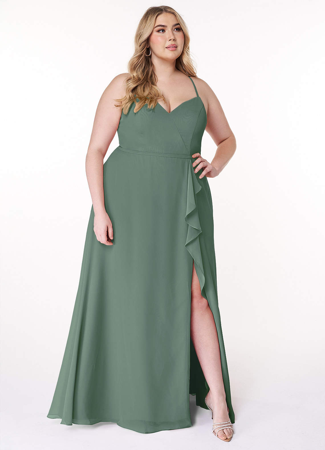 Azazie Naeem Bridesmaid Dresses Eucalyptus A-Line V-Neck Ruffle Chiffon Dress image8