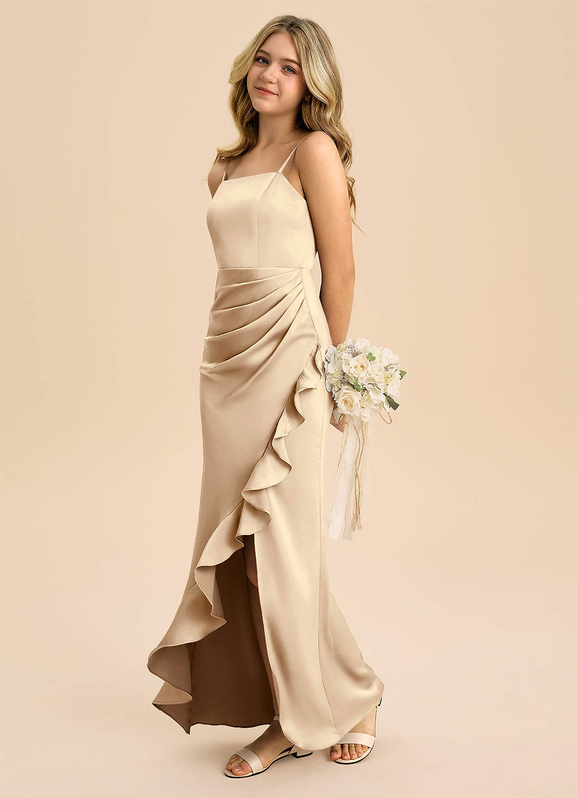 Azazie Buzzy Junior Champagne Sheath Pleated Stretch Satin Dress image5