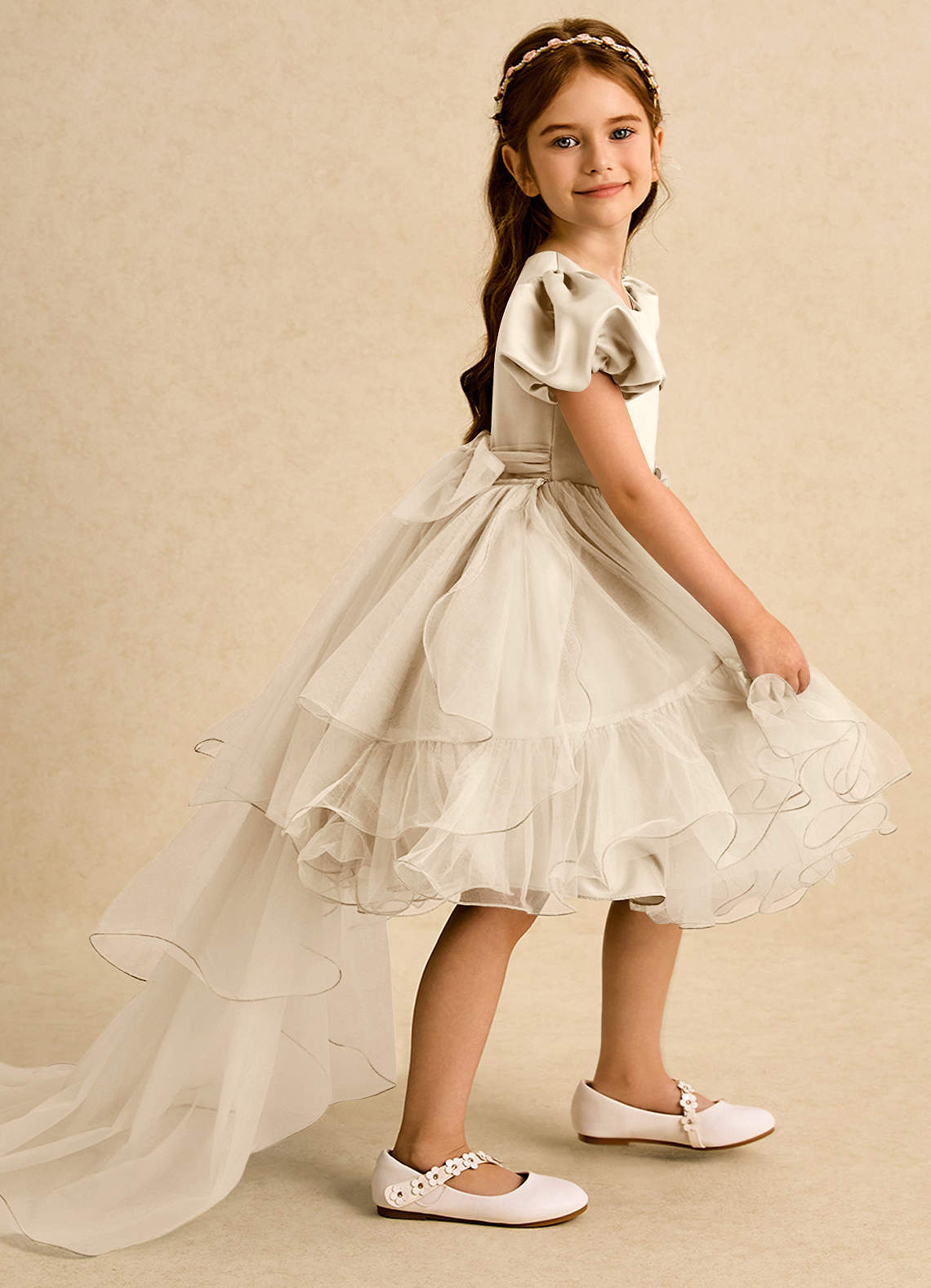 Azazie Cocoa Abiti da Ragazza di Fiori Abito Principessa in Tulle Plissettato Champagne image1