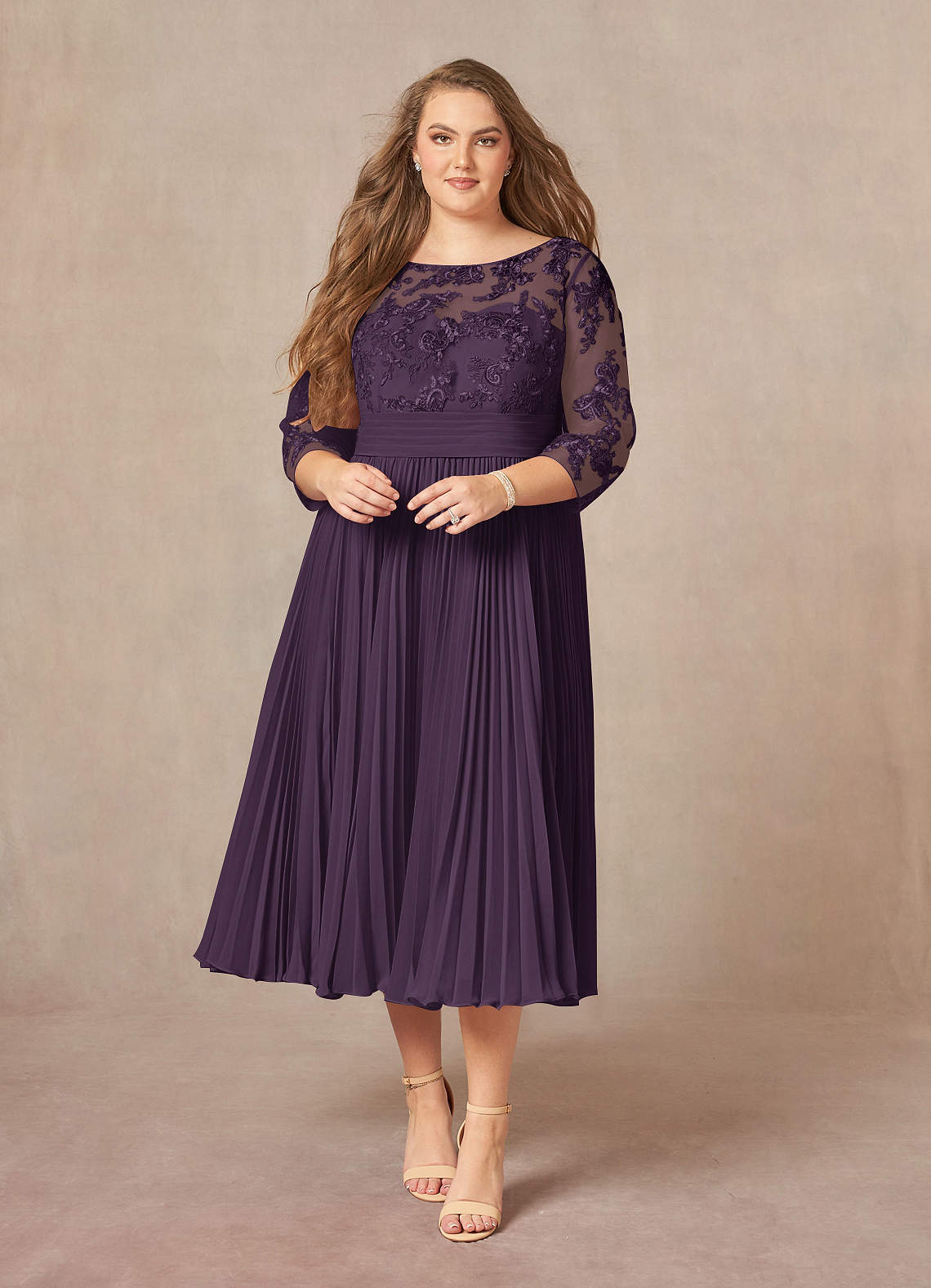 Azazie Tutu Mother of the Bride Dresses Plum A-Line Boatneck Lace Chiffon Dress image6