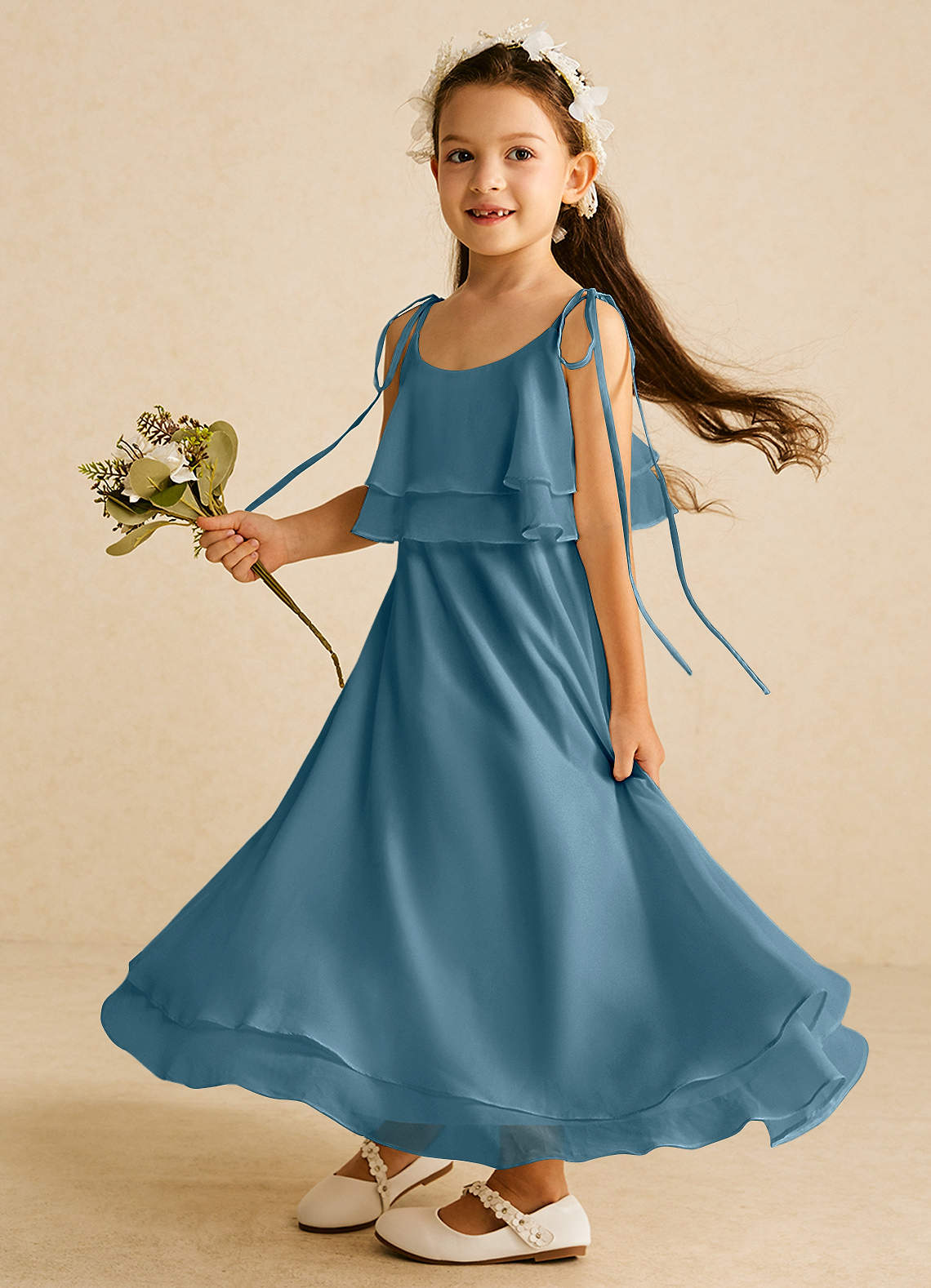 Azazie Temi Abiti da Ragazza di Fiori Abito A-Line in Chiffon Cinturino Spaghetti Bermuda image1
