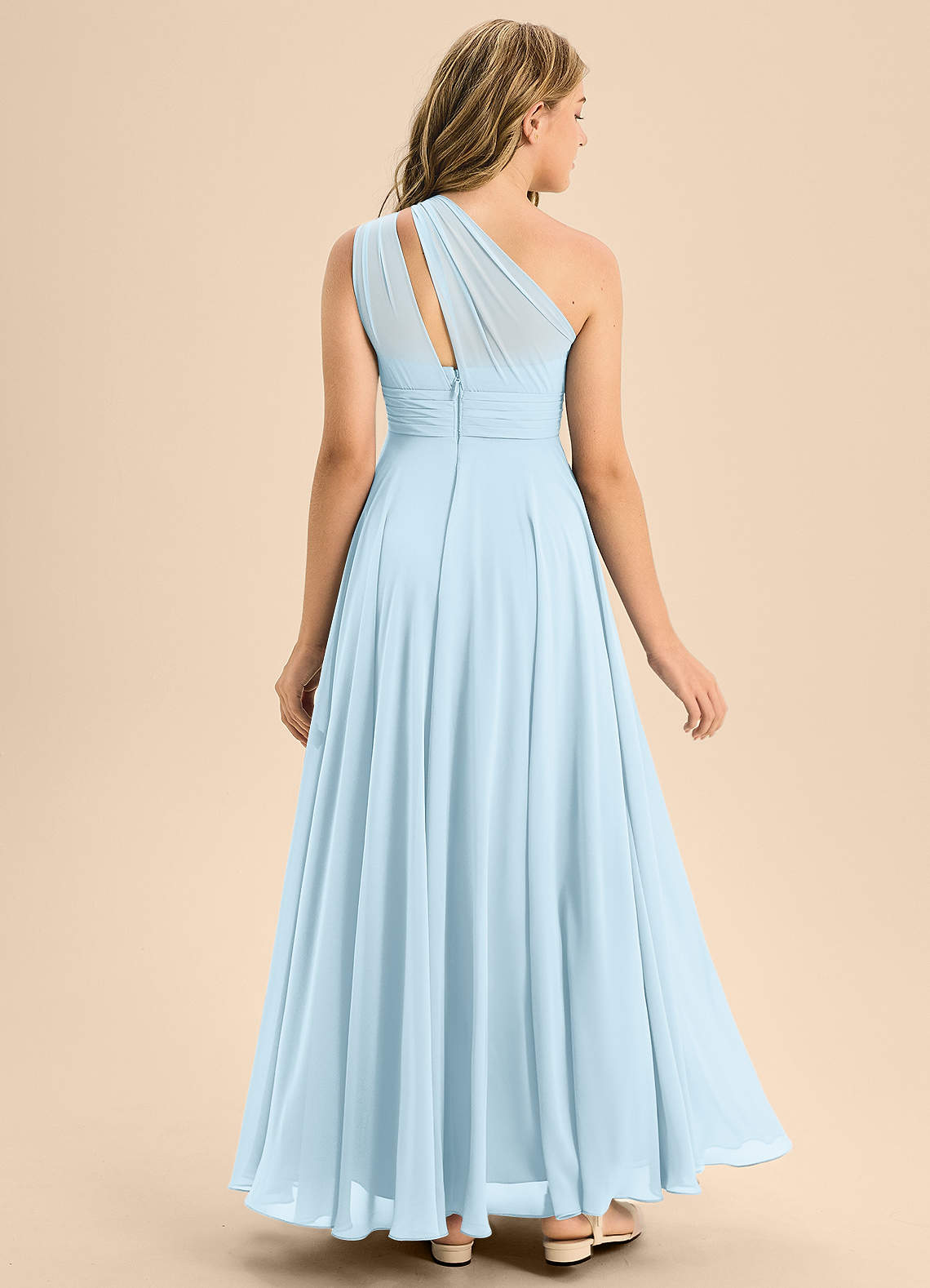 Azazie Charlize Junior Abito A-Line in Chiffon Plissettato Azzurro image1
