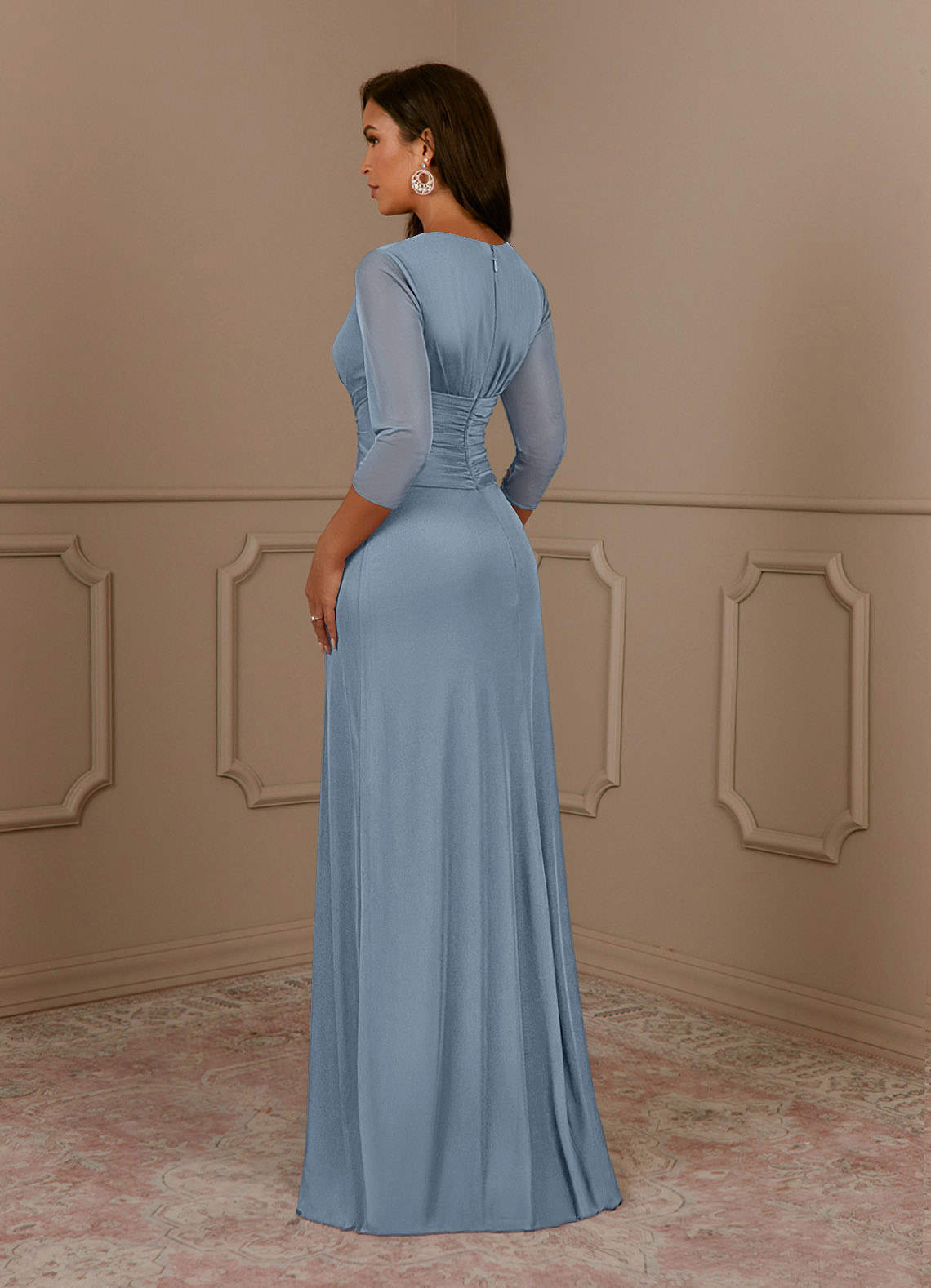 Azazie Annetta Abiti per la Madre della Sposa Abito A-Line in Maglia Plissettao con Scollo a V Blu Polveroso image2