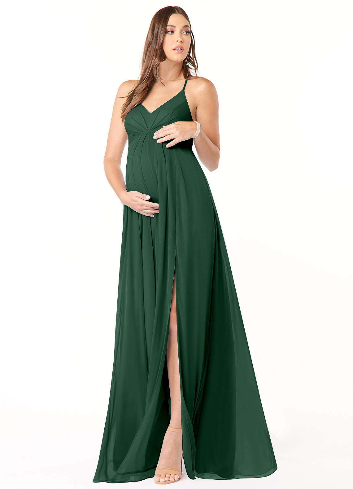 Azazie Annabelle vestidos de dama de honor de maternidad Vestido de Corte En A Cuello en V plisado Hasta el suelo Malla image1