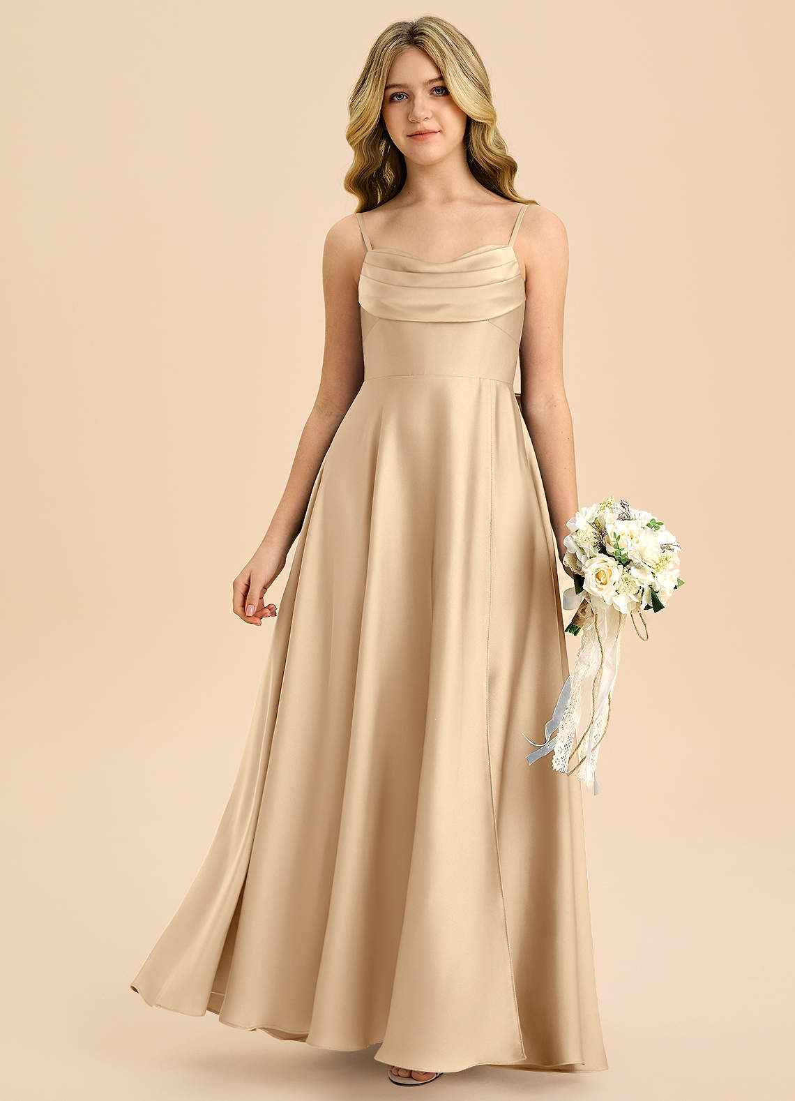 Azazie Bear Junior Champagne A-Line Sweetheart Neckline Stretch Satin Dress image2