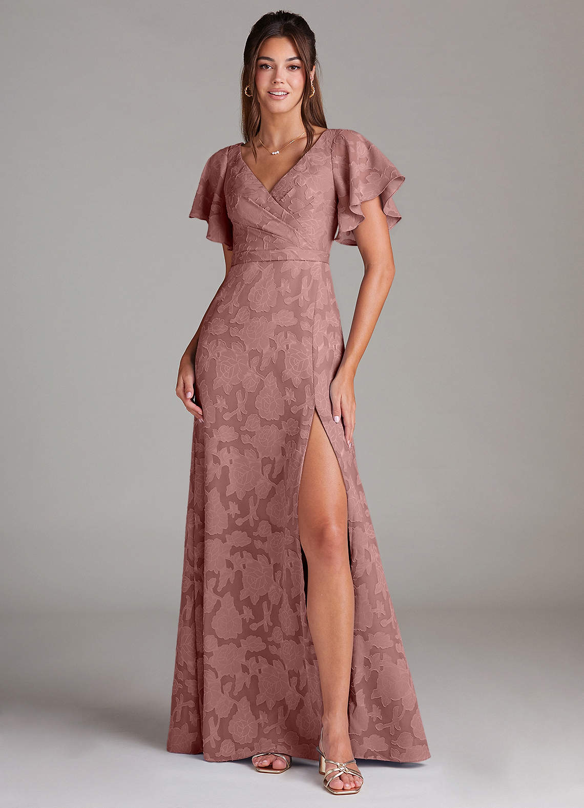 Azazie Ambrosia Vestidos de damas de honor Vestido de Rosa Polvorienta de Devorado Floral de Corte en A con Plisado image1