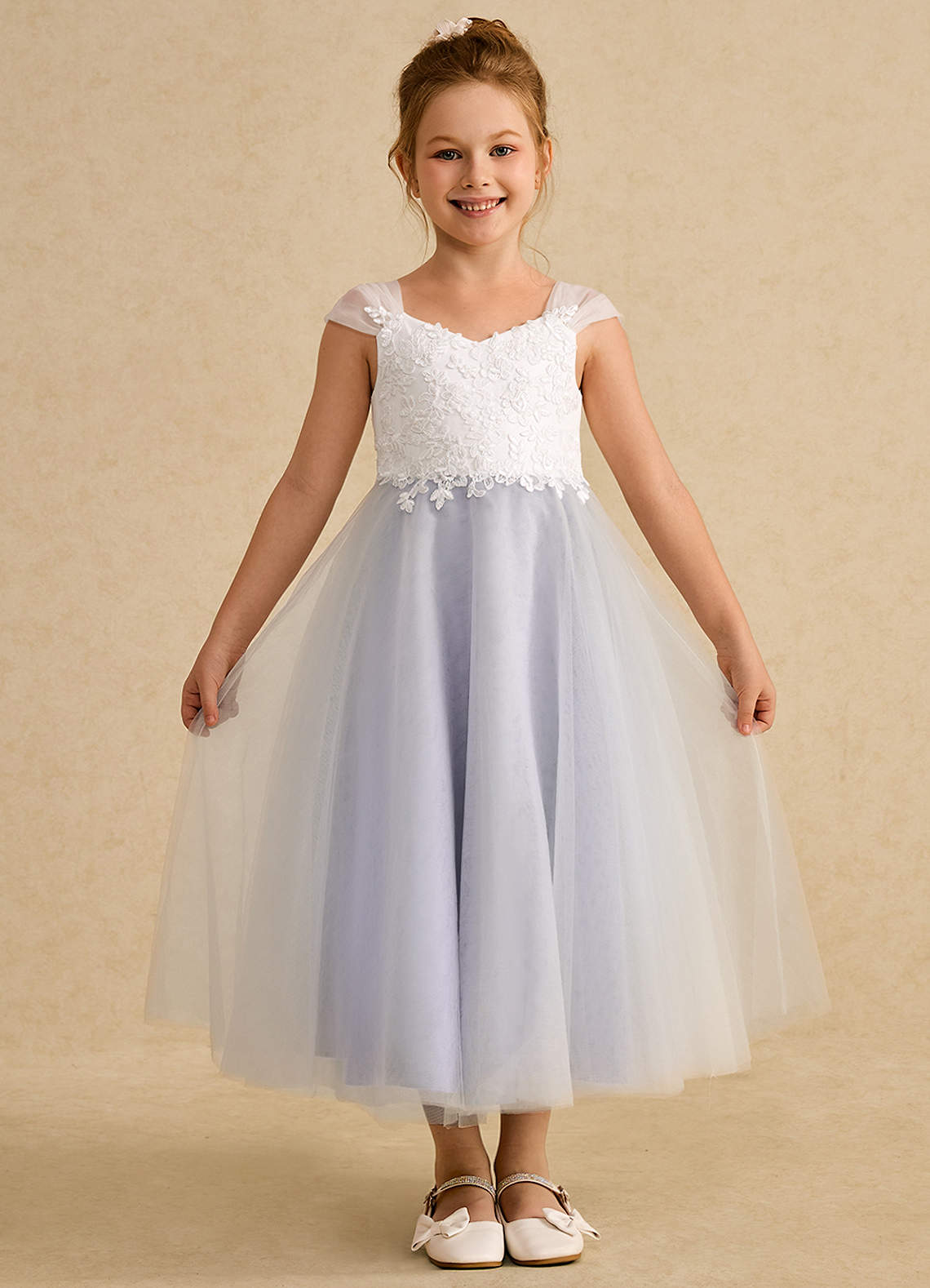 Azazie Momo Flower Girl Dresses Ivory Lilac A-Line Lace Dress image1