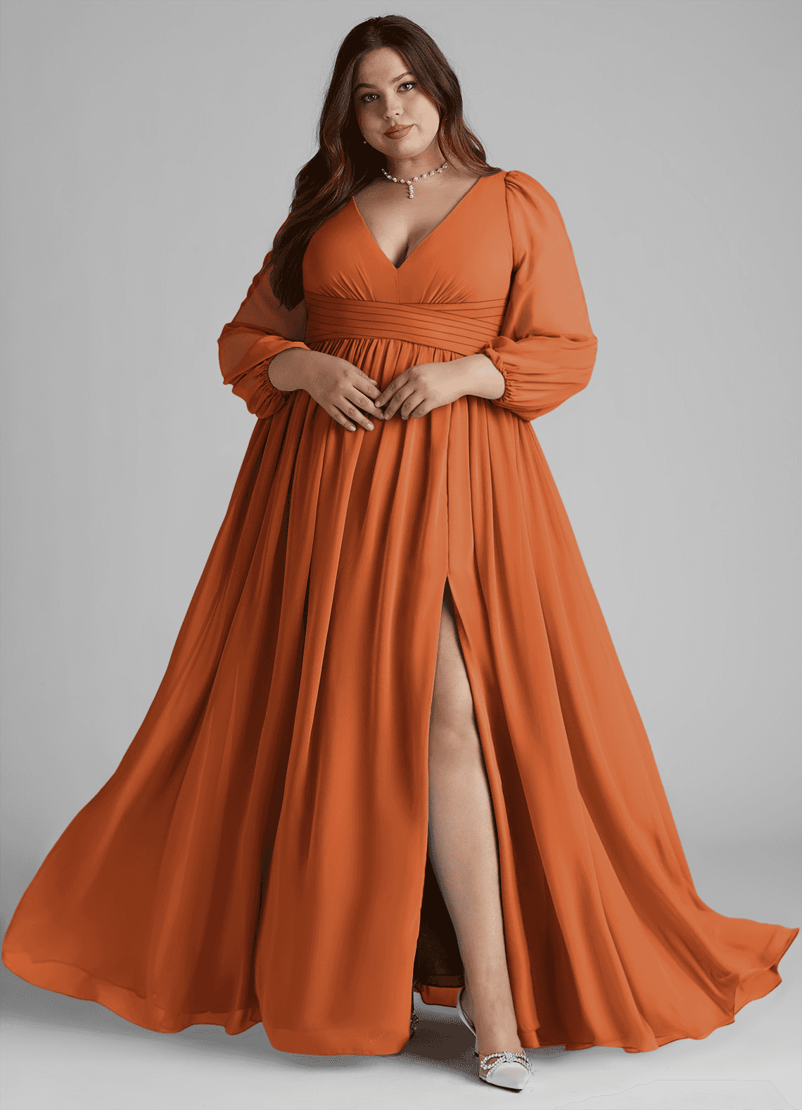 Azazie Norah Bridesmaid Dresses Cinnamon A-Line V-Neck Long Sleeve Chiffon Dress image7