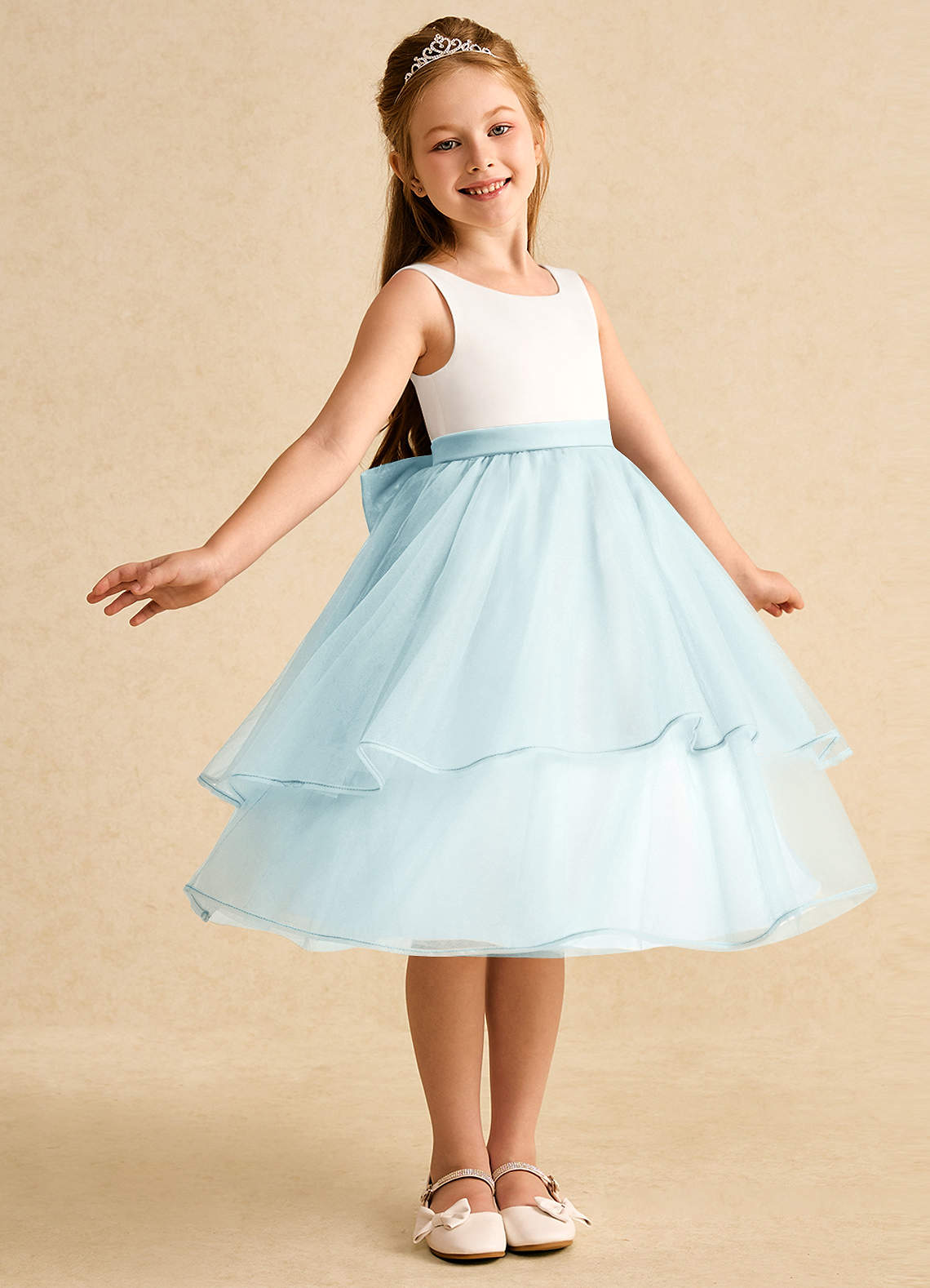 Azazie Rene Blumenmädchenkleider A-Linie Schleifen Tüll Kleid Elfenbein Seeglas Blau image1