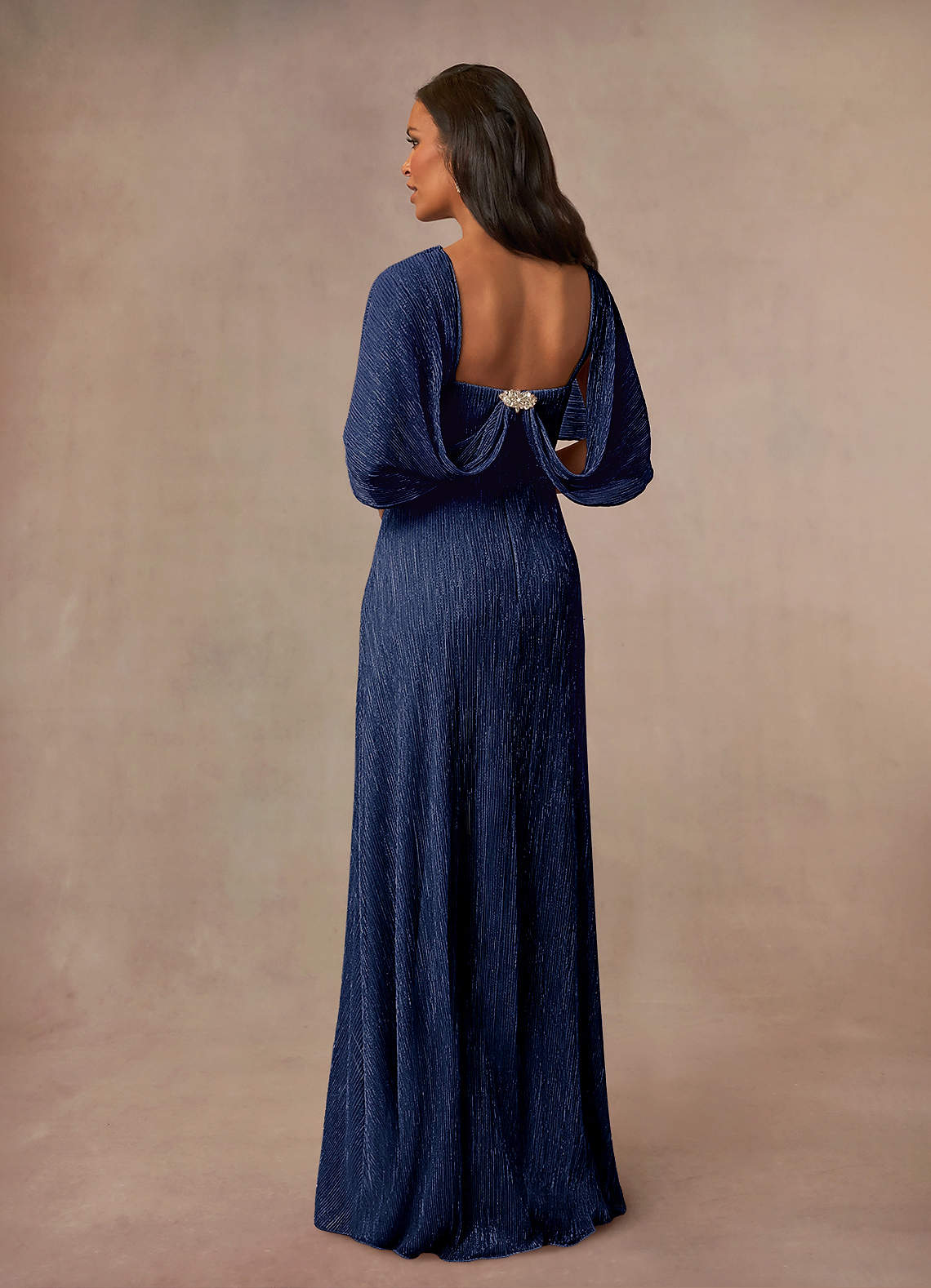 スーツ・フォーマル・ドレス sahara Mesh Sleeve Dress Azazie Loretta Dark Navy A-Line Cowl Cape Metallic Mesh Dress | Azazie