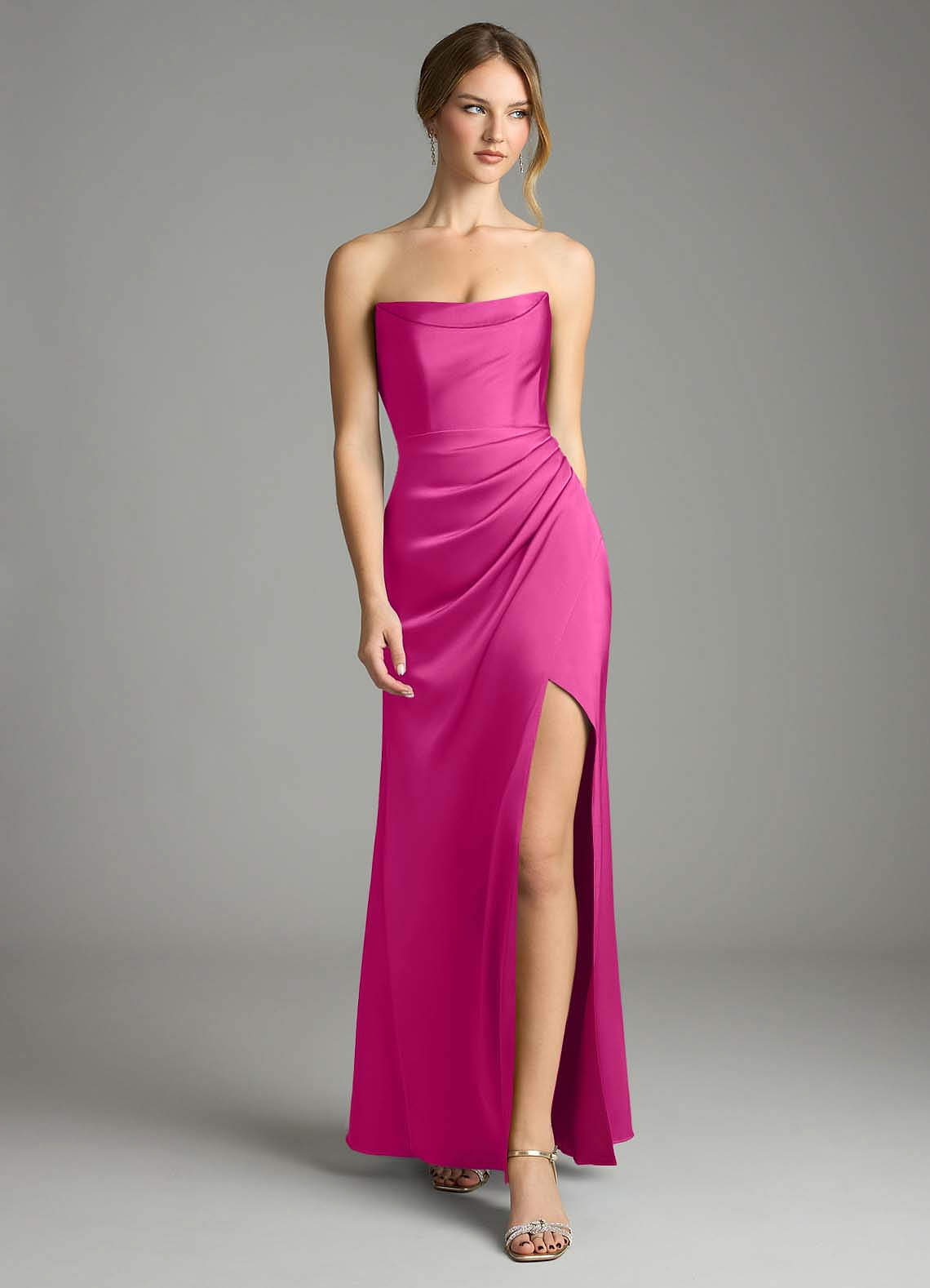 Azazie Leonis Vestidos de damas de honor Vestido de Fucsia de Satén Elástico de Corte Sirena Convertible con Plisado image4