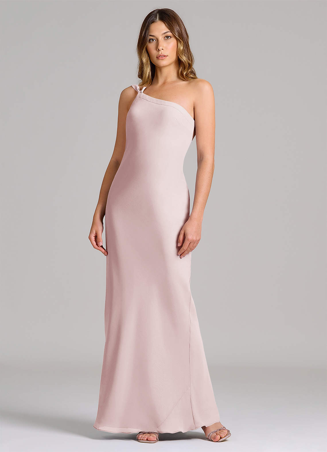 pink chiffon one shoulder dress Jovani -24609 Metallic Chiffon Ruffled Shoulder Prom Gown 0 / LIGHT-PINK
