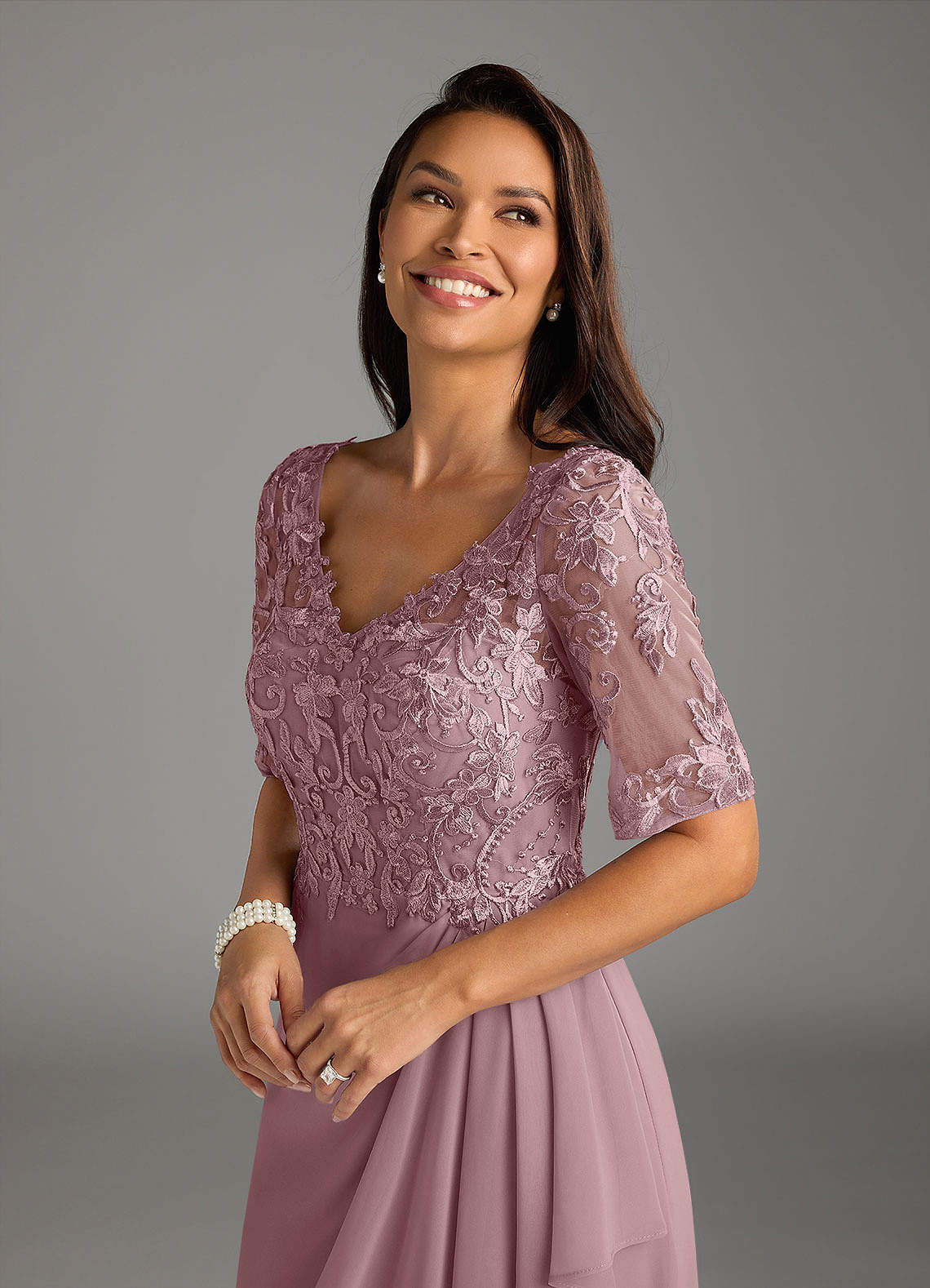 Azazie Amedeus Dusty Rose A-Line V-Neck Lace Chiffon Dress | Azazie