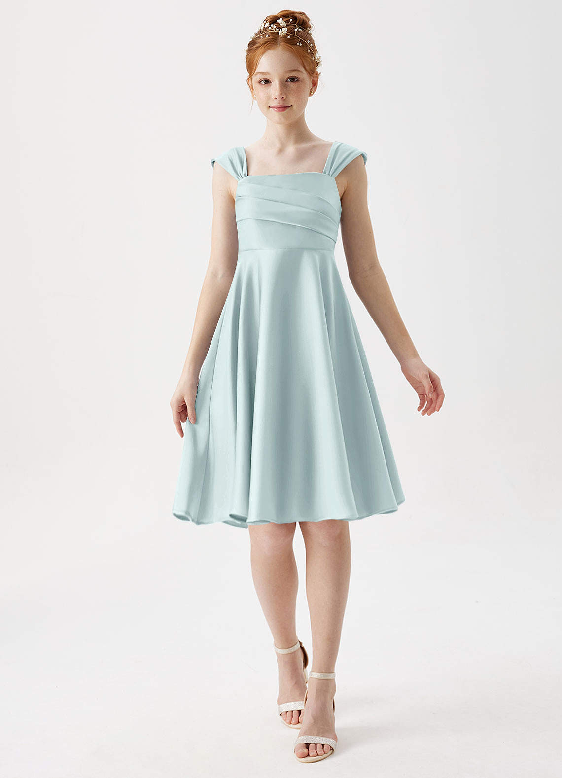 Azazie Amira Junior Mist A-Line Pleated Stretch Satin Dress image1