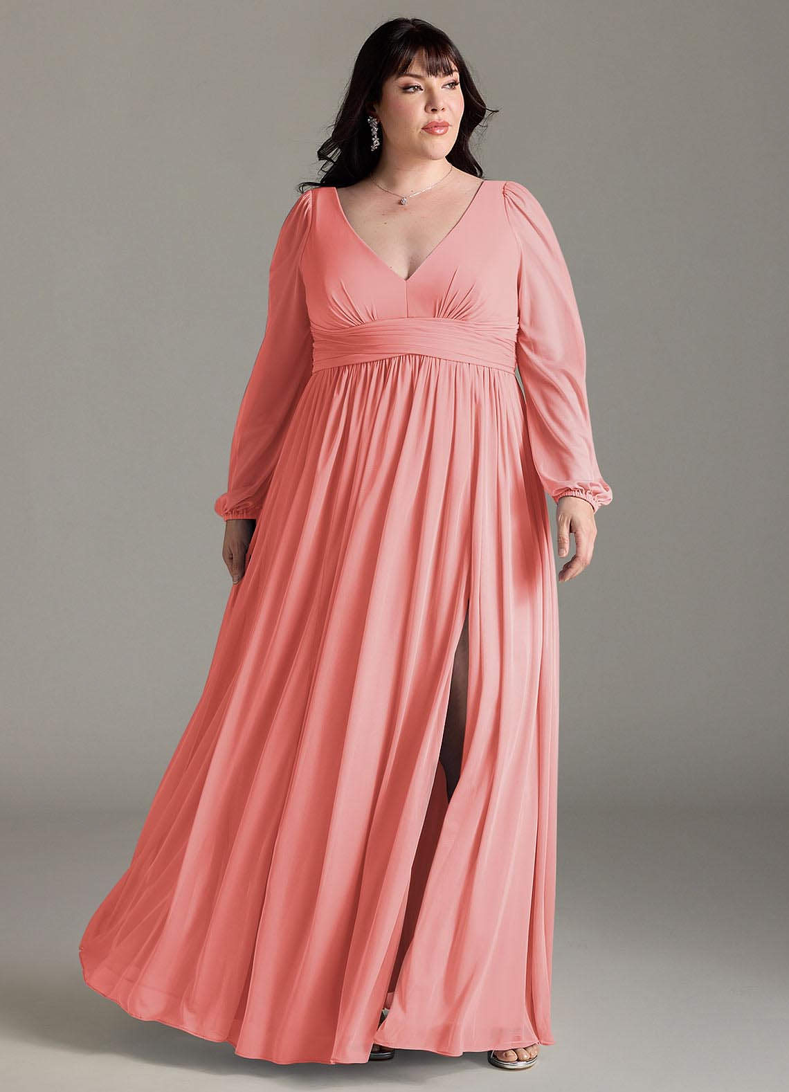 knee length dresses for ladies Metallic Chiffon Long Coral Formal Dress with Sleeves Red / 0 main image 1