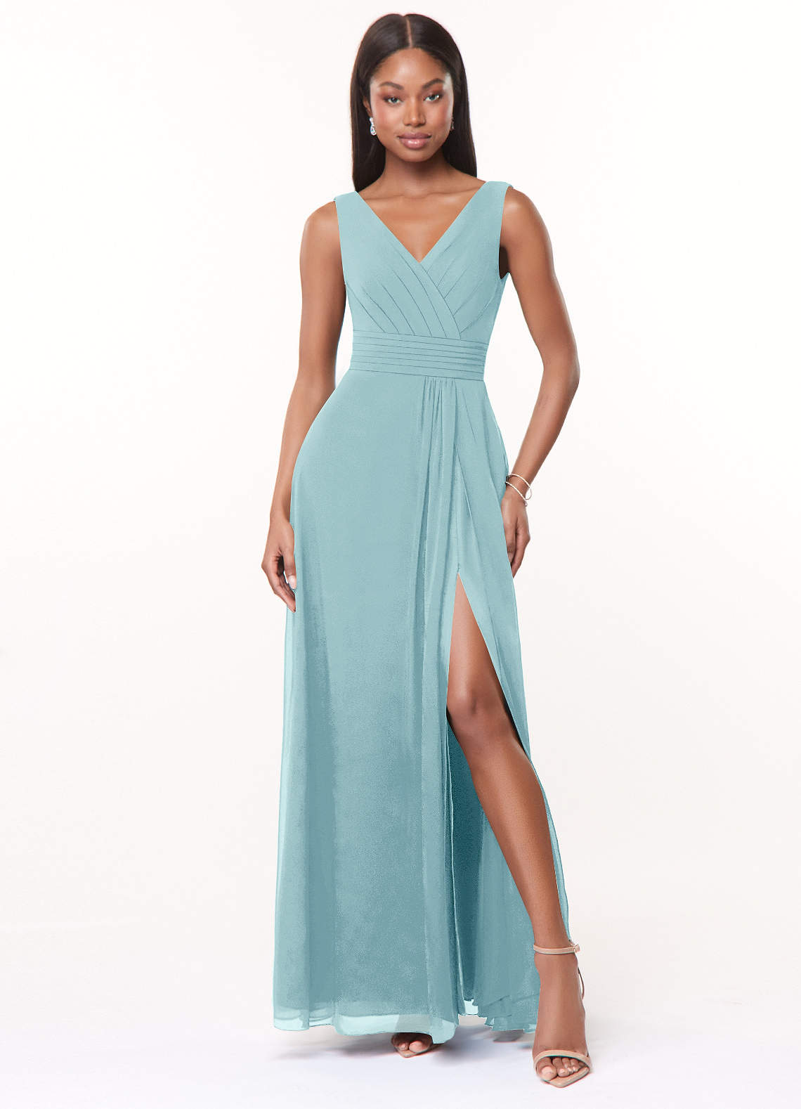 Azazie Karina Bridesmaid Dresses Sea Glass A-Line Pleated Chiffon Dress image1