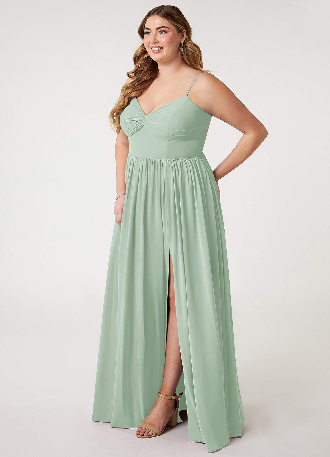 Azazie Zeya Bridesmaid Dresses Agave A-Line V-Neck Pleated Chiffon Dress image7